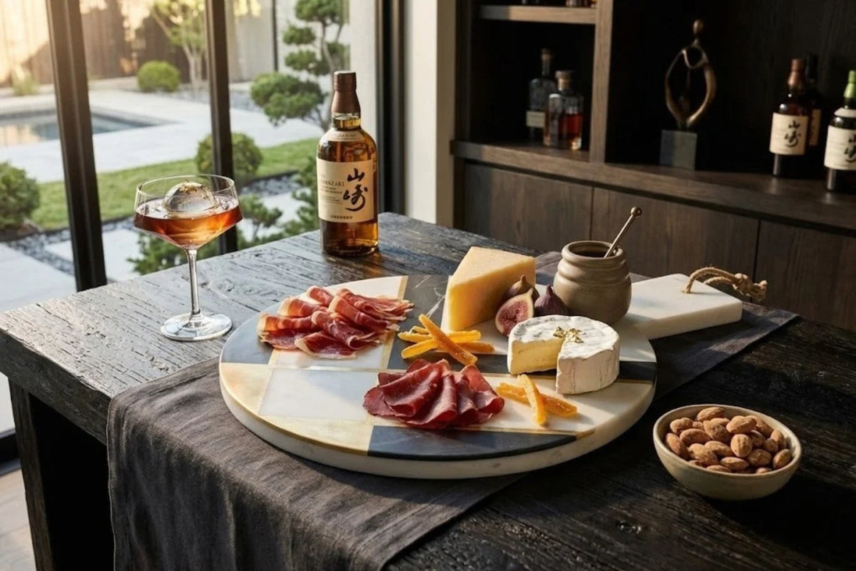 White and charcoal marble cheese board holding brie, aged cheese and cured meats on a dark wood table