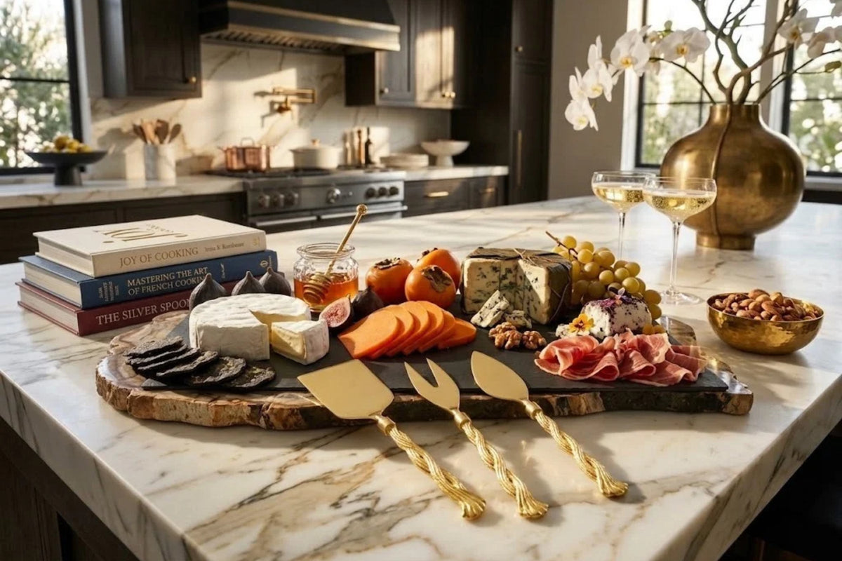 Brass-handled cheese knives on a marble island beside a wood board of cheeses, charcuterie, grapes and walnuts