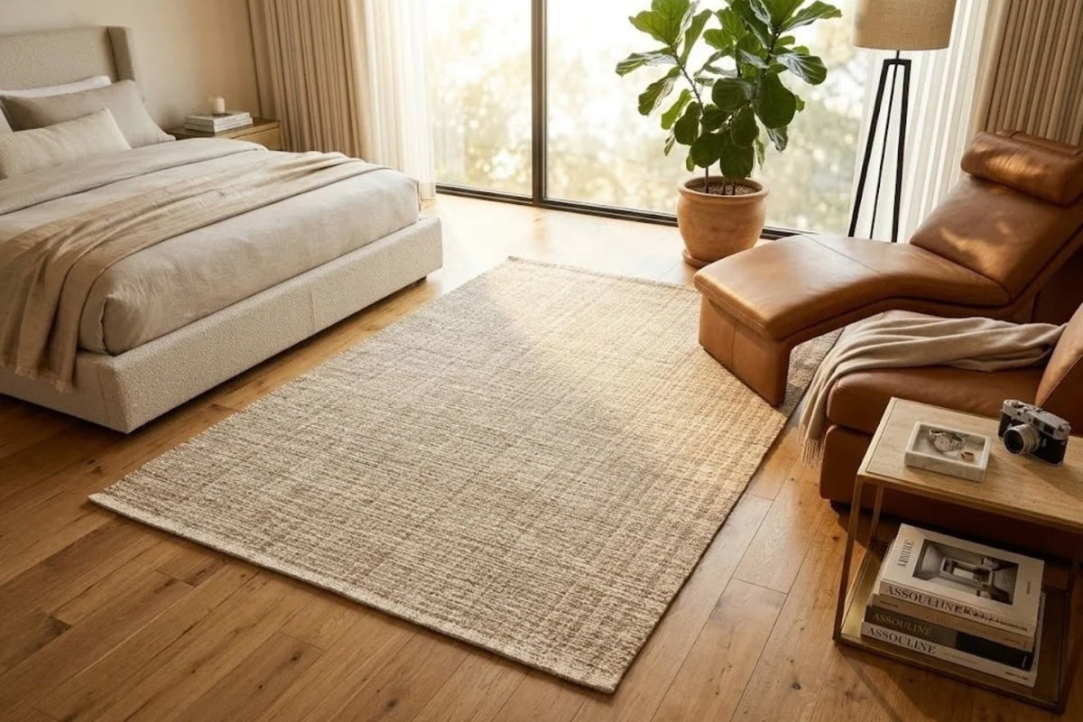 Woven wool and cotton rug in sand and ivory, laid between a low bed and a leather lounge chair in a sunlit bedroom