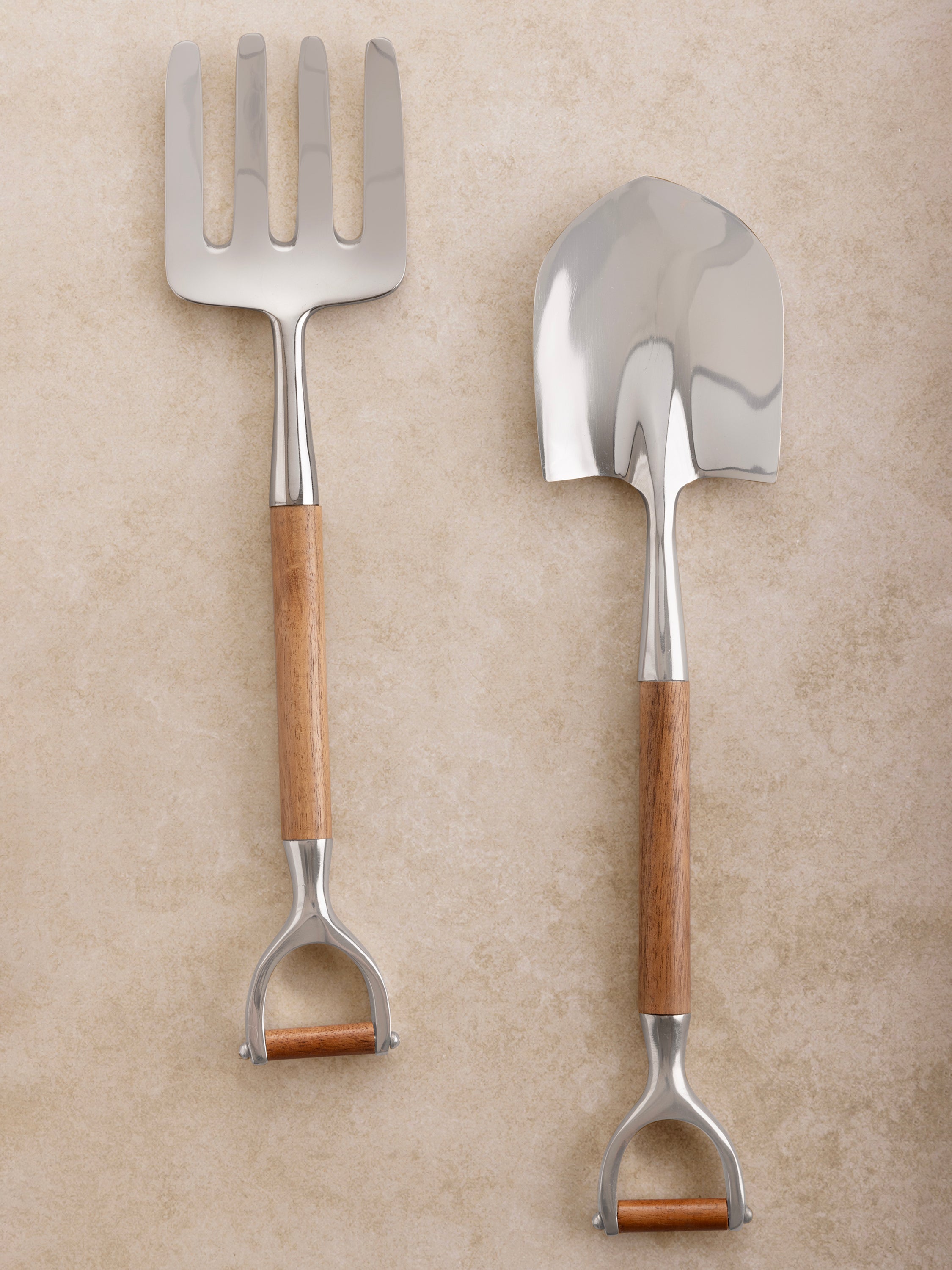Narvik salad servers set with natural wood grips and fork and spade heads — luxury tableware