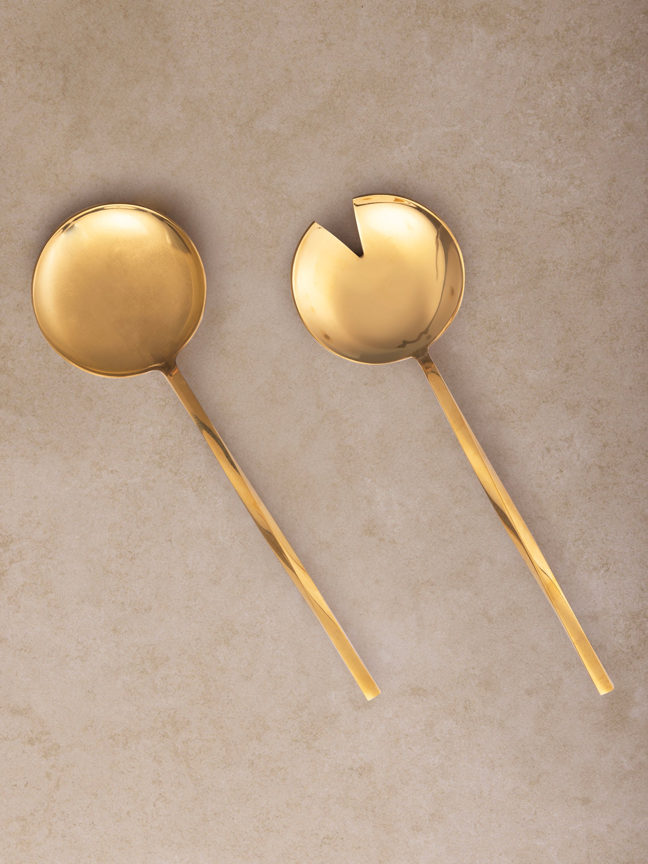 Gold-finish salad servers with spiraled handles — elegant two-piece set