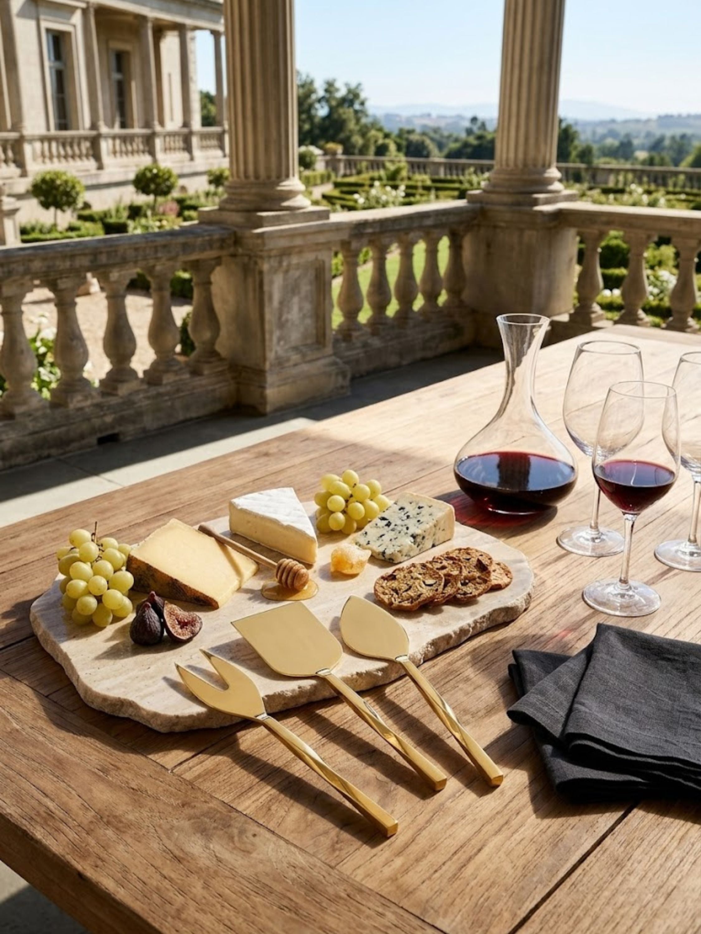 Oslo gold cheese knives arranged beside a stone cheese board and wine service, showcasing a refined metallic finish designed for elegant entertaining and curated grazing presentations.