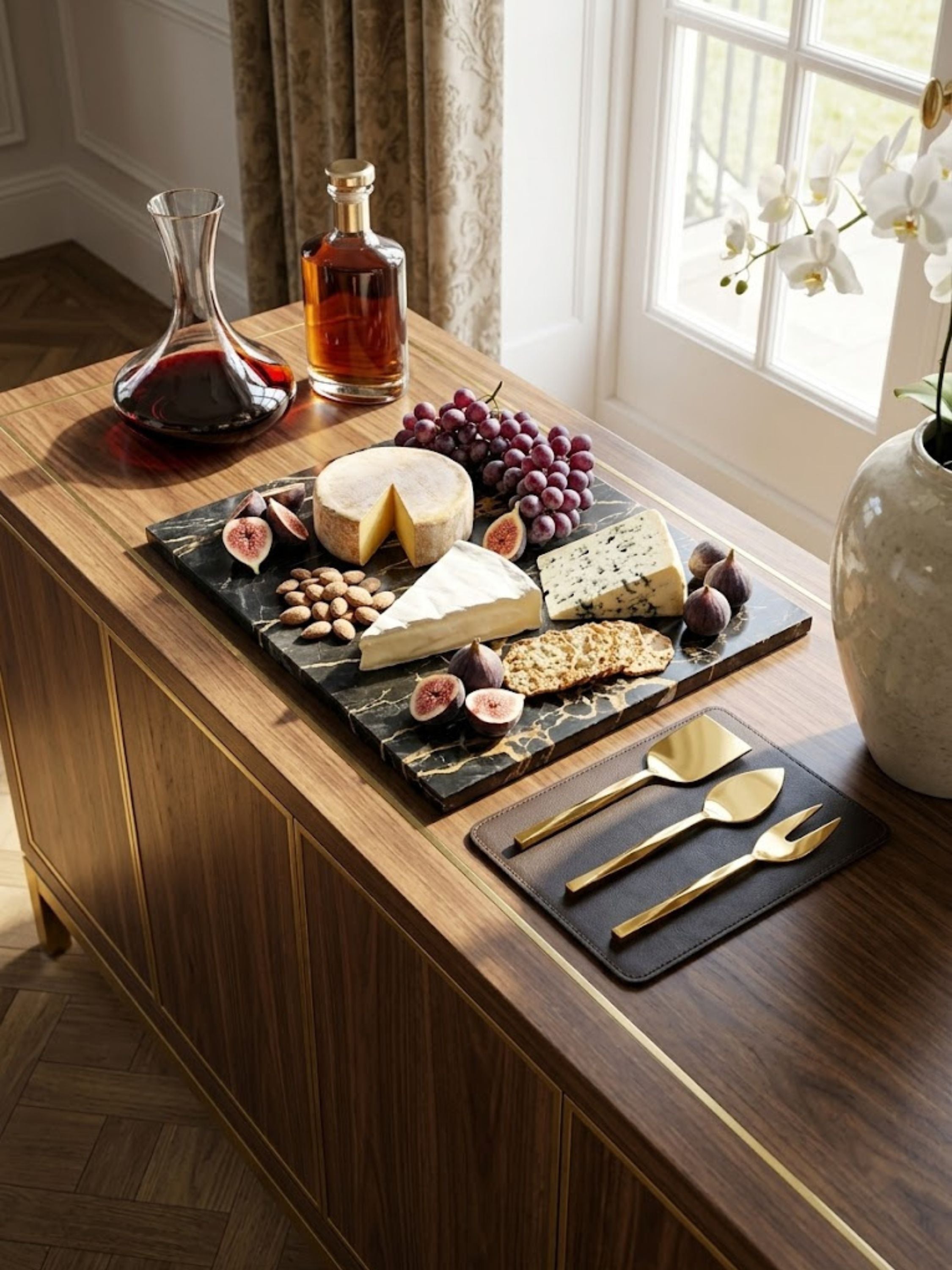 Oslo gold cheese knives displayed alongside artisan cheeses on a marble serving board, featuring sculptural forms and a warm brushed finish suited to elevated hosting occasions.