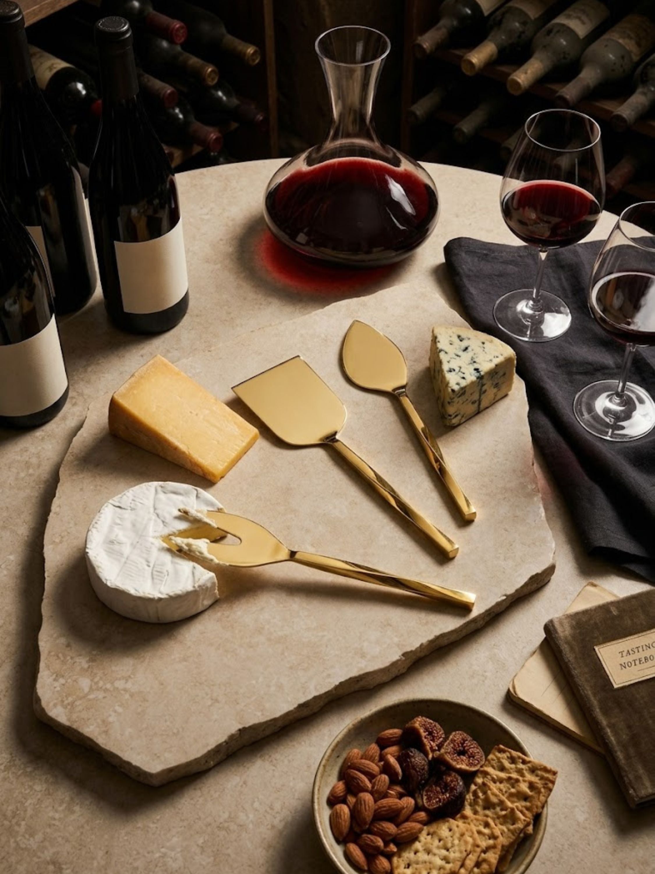 Oslo gold cheese knives presented with assorted cheeses and wine on a natural stone slab, highlighting clean contemporary lines and a luminous finish for sophisticated tablescapes.