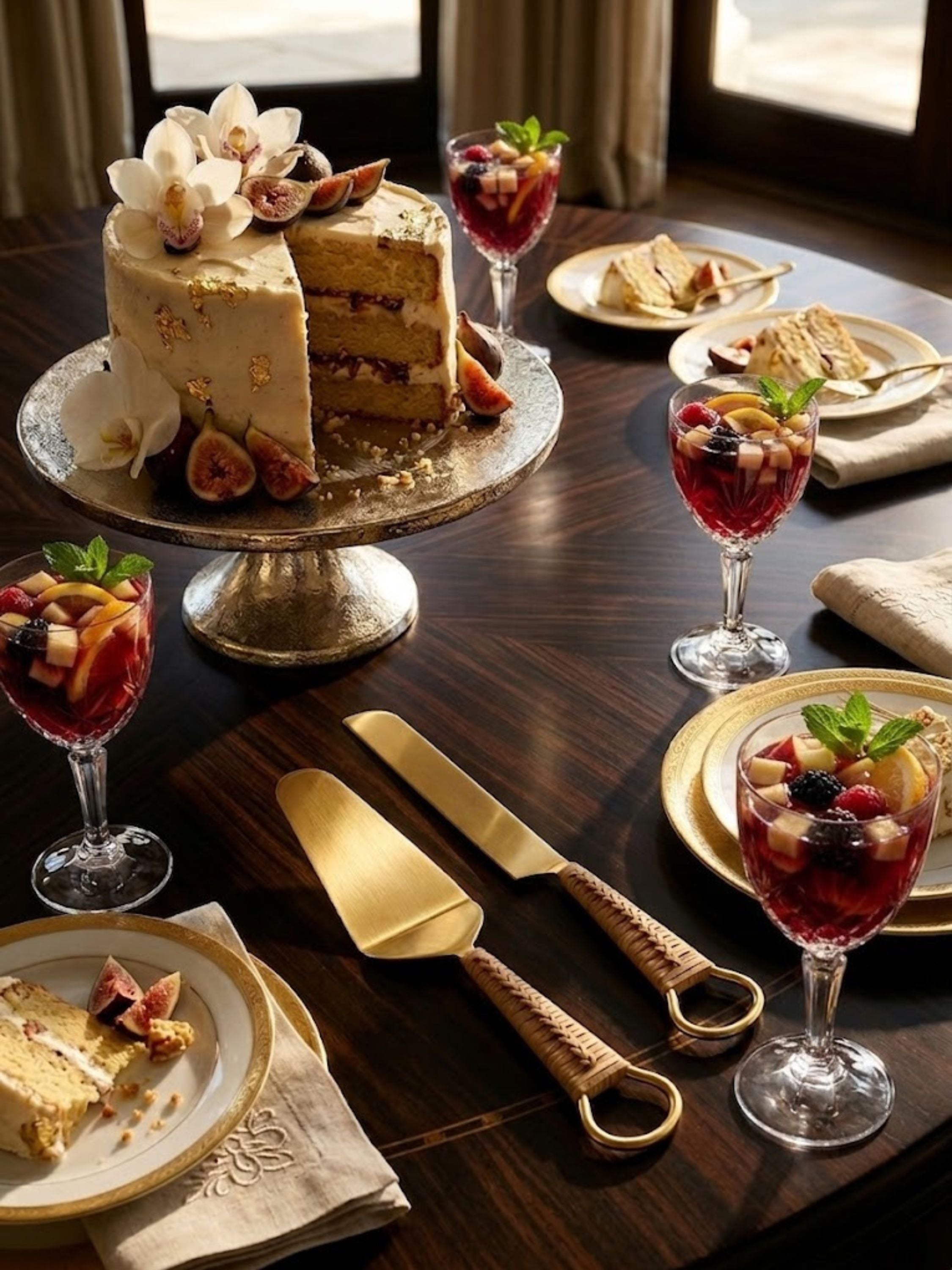 Helsinki gold cake servers presented beside an artisan layer cake and crystal stemware, featuring brushed gold finishes and handwoven handle detailing for elevated dessert service.