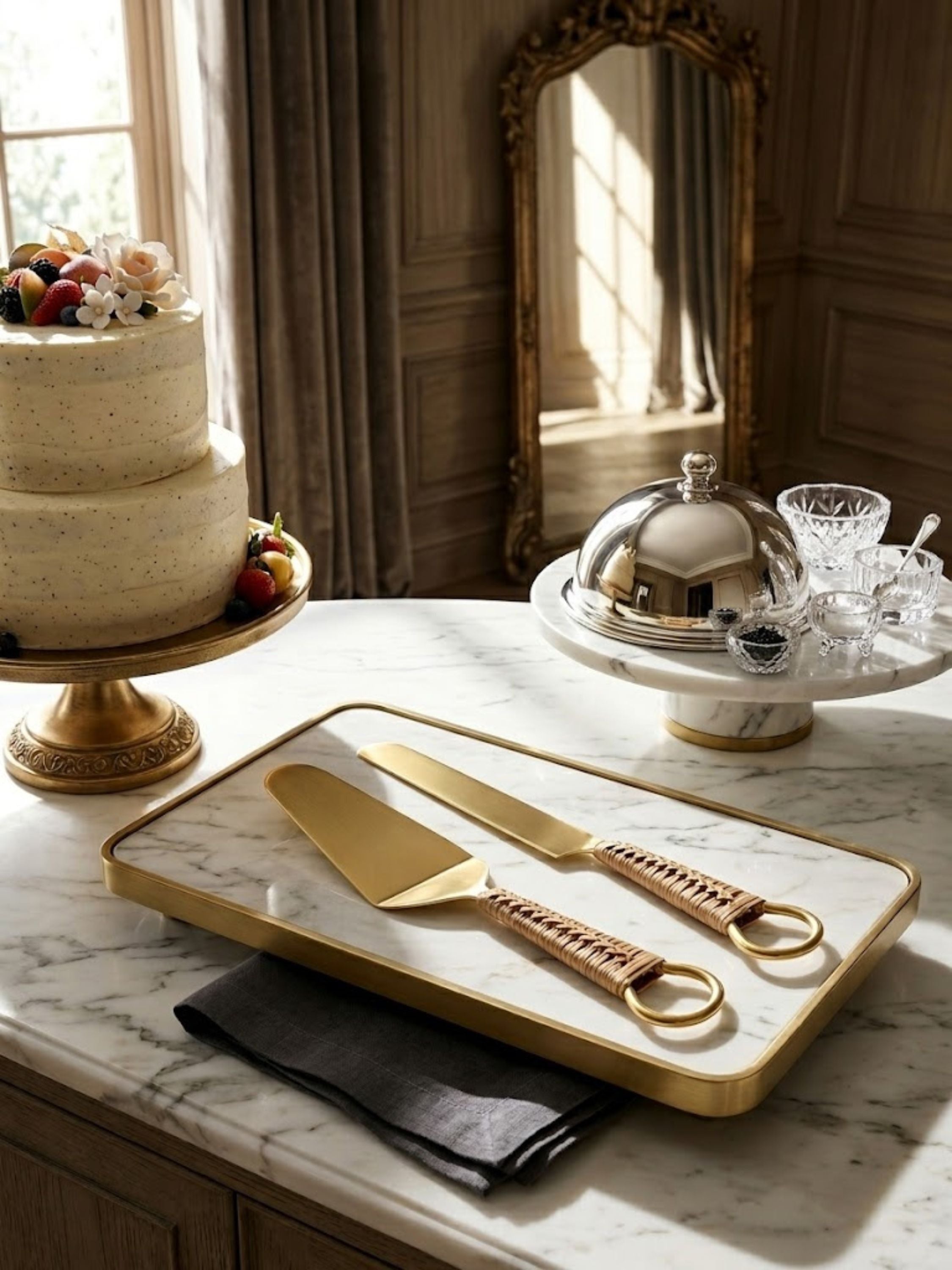 Helsinki gold cake servers displayed on a marble tray near a celebration cake, combining refined gold-toned surfaces with textured wrapped handles for elegant entertaining.