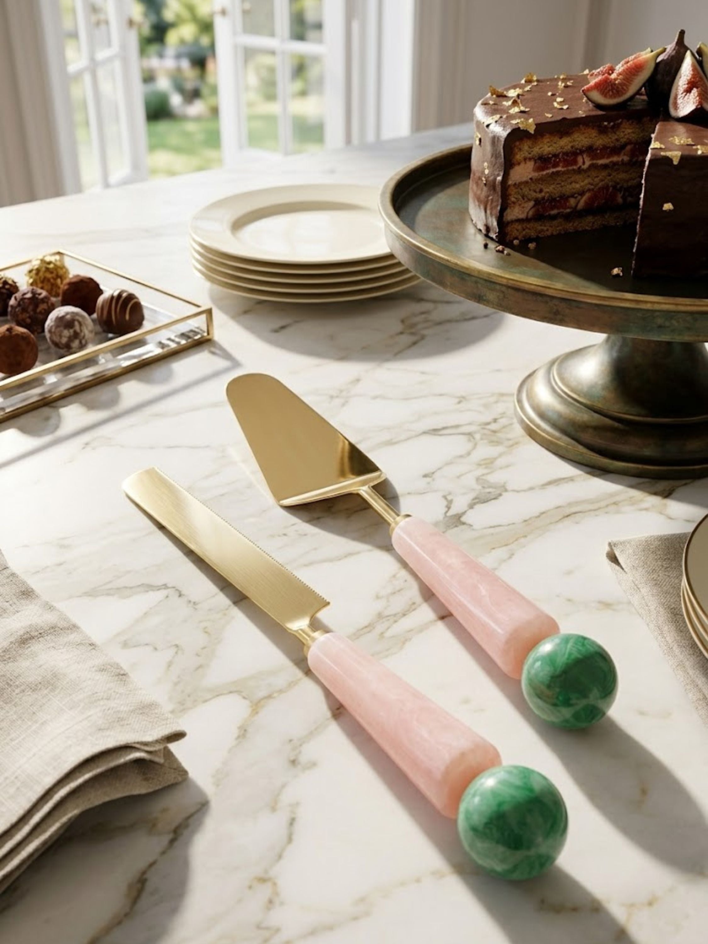Copenhagen cake servers arranged on a marble tabletop beside a cake stand and dessert plates, highlighting polished gold blades and distinctive handcrafted stone handles.