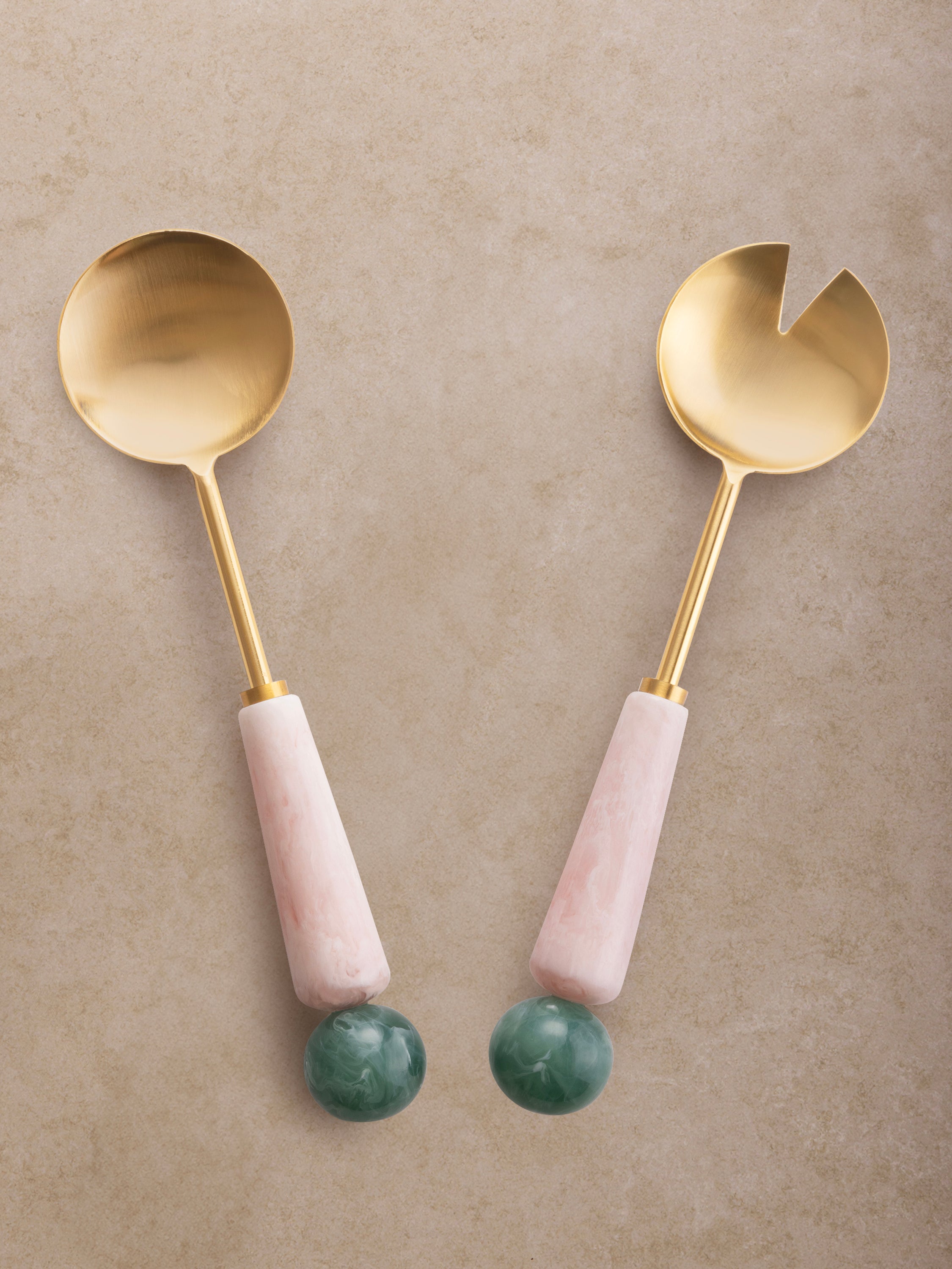 Copenhagen salad servers set of two with matte gold tops and pastel resin grips — luxury tableware