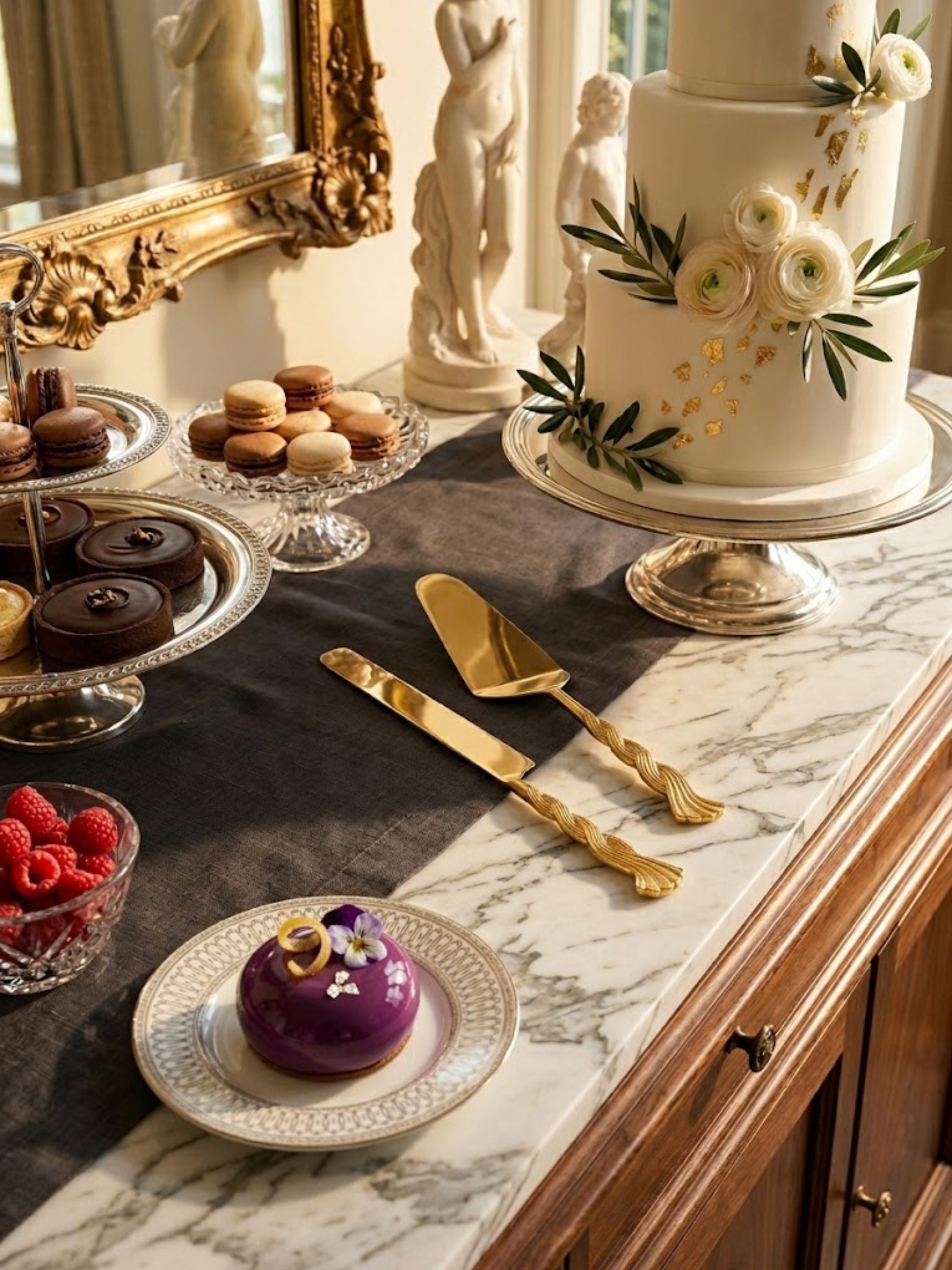 Santiago gold cake server set arranged for outdoor entertaining with a frosted cake, berries, and tableware in a sunlit terrace setting.