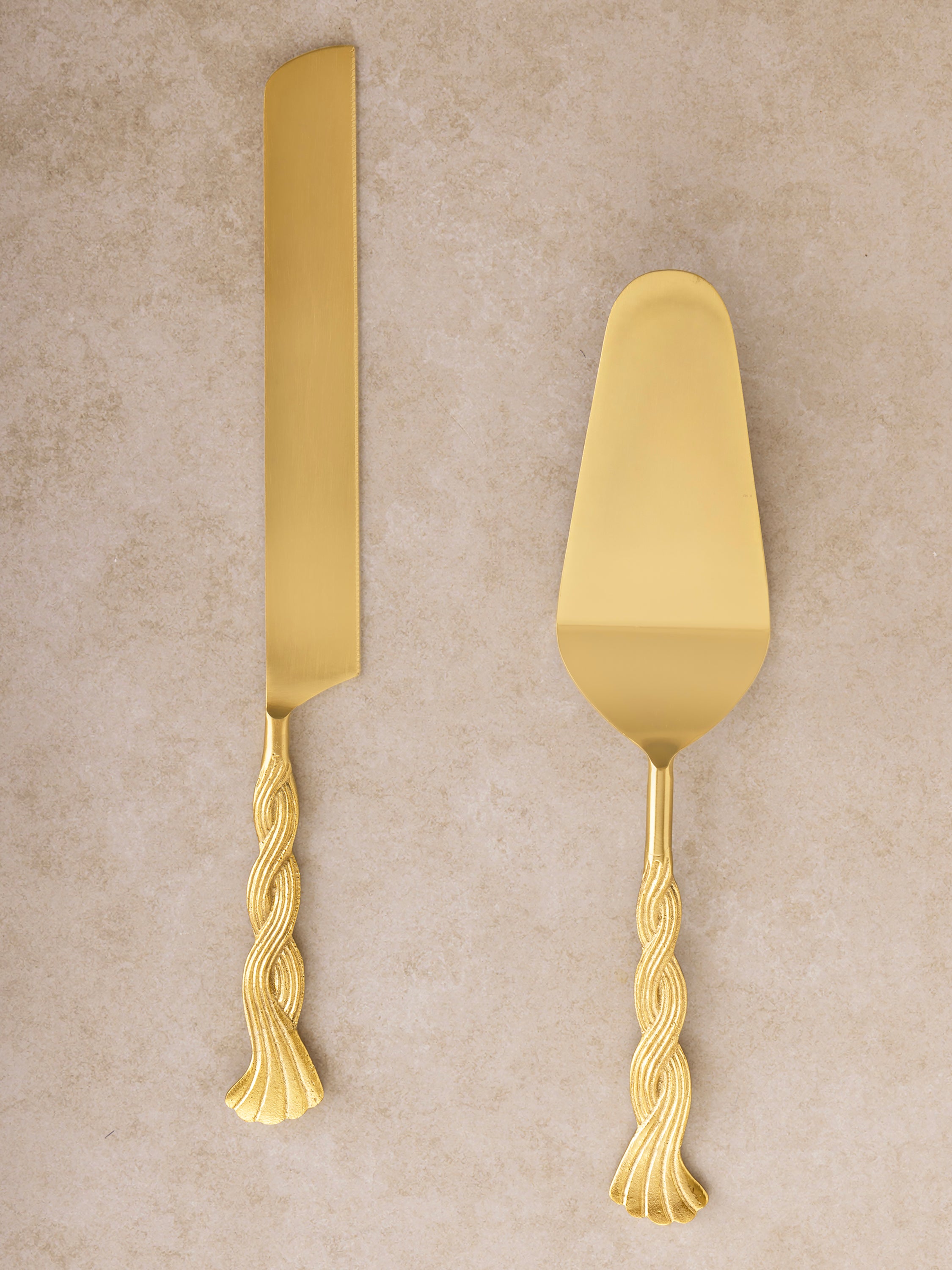Matte gold cake servers set of two with twisted rope-style handles — elegant serveware