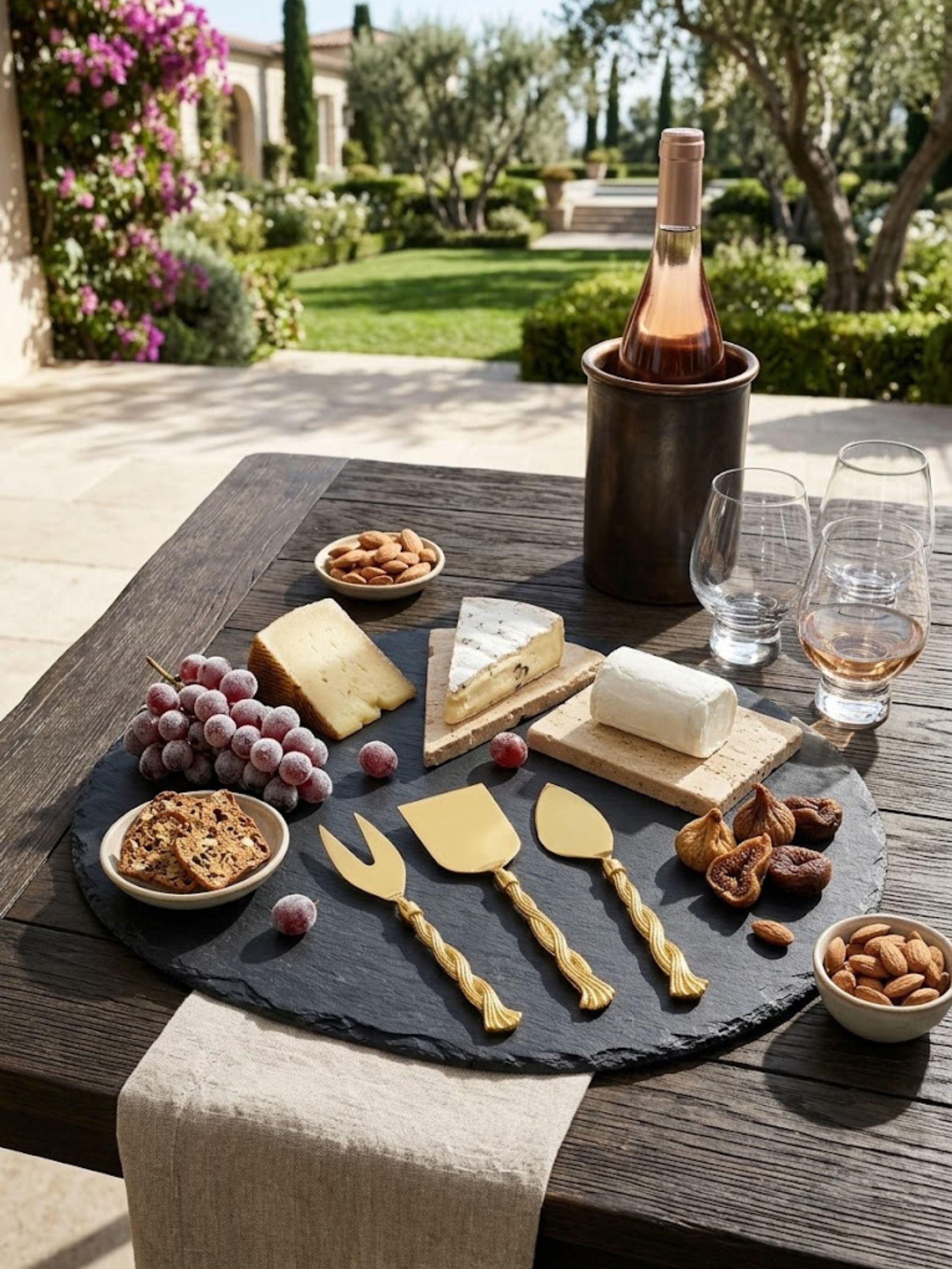 Santiago gold cheese knives arranged on a slate charcuterie board with artisan cheeses, grapes, and honey, bringing refined presentation to entertaining.