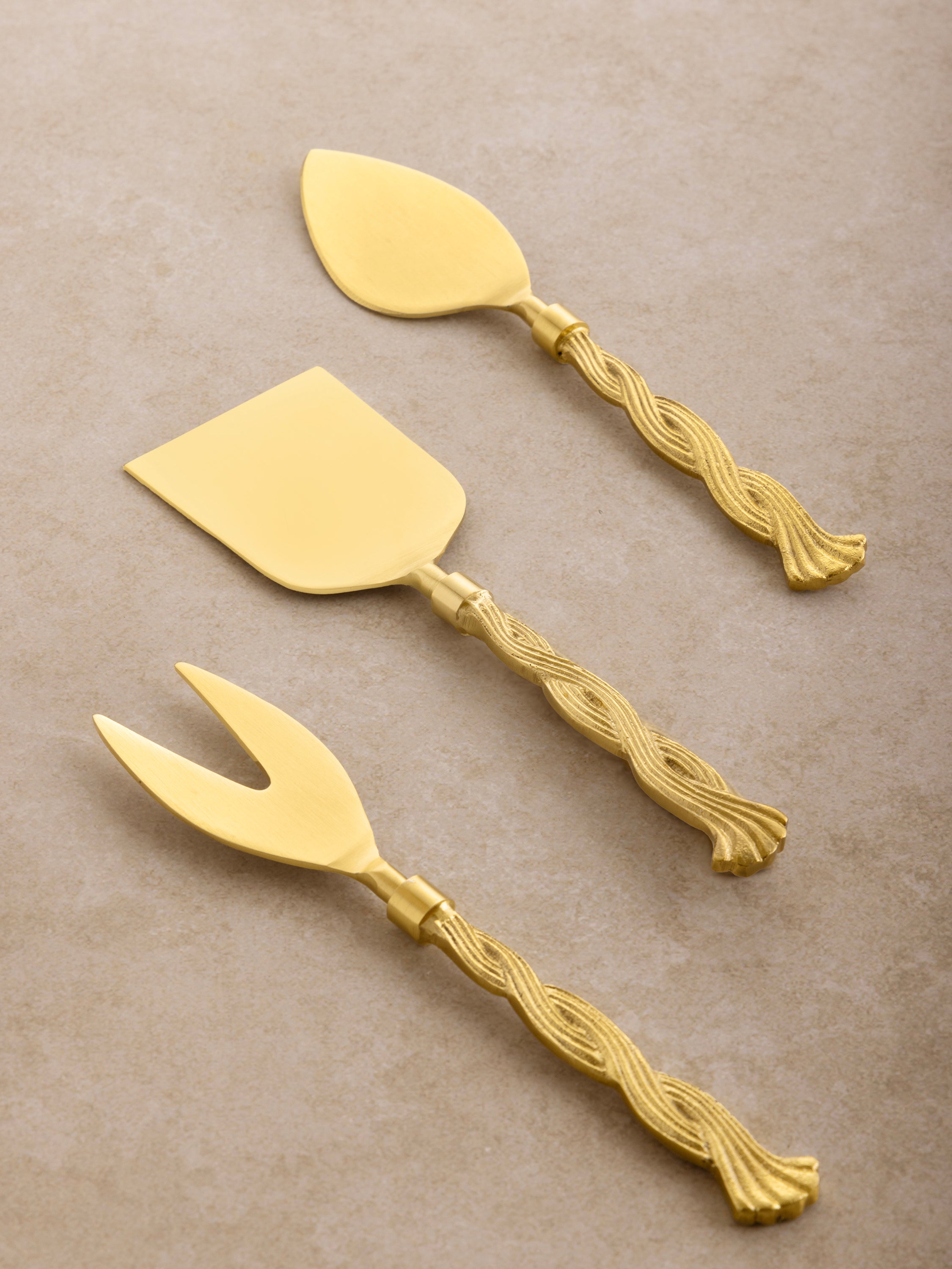 Santiago 3-piece cheese knife set in matte gold — refined artisan tableware