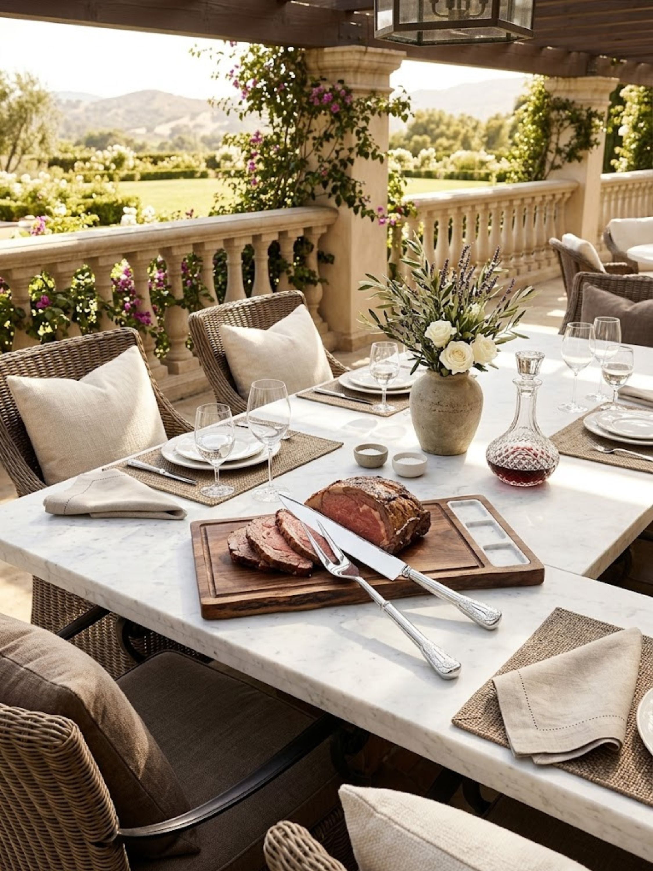 Bolivia embossed carving knife and fork presented on an outdoor dining table with a roasted beef roast, creating an elegant al fresco serving experience.