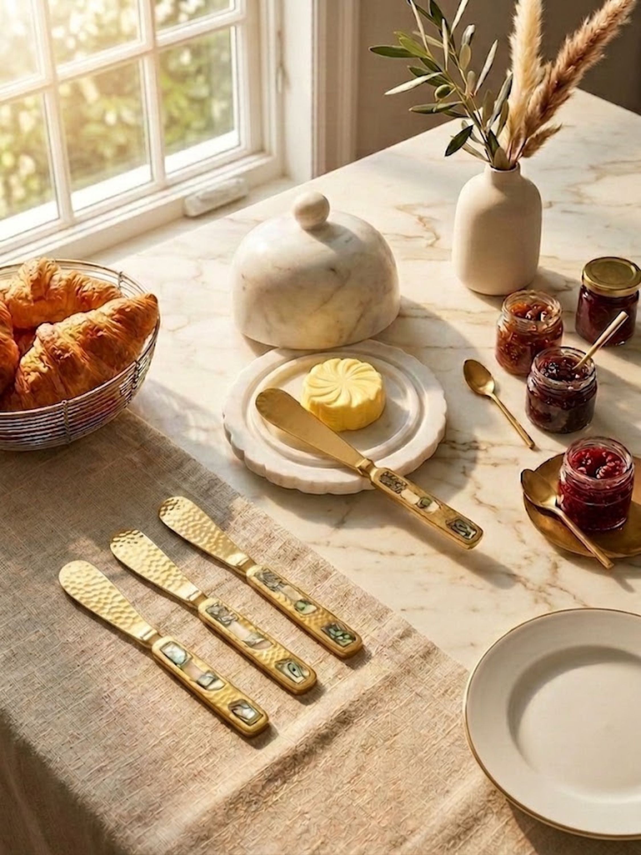 Sisley gold butter knives styled for outdoor brunch with fresh pastries, preserves, and citrus juice, adding a decorative touch to relaxed entertaining.