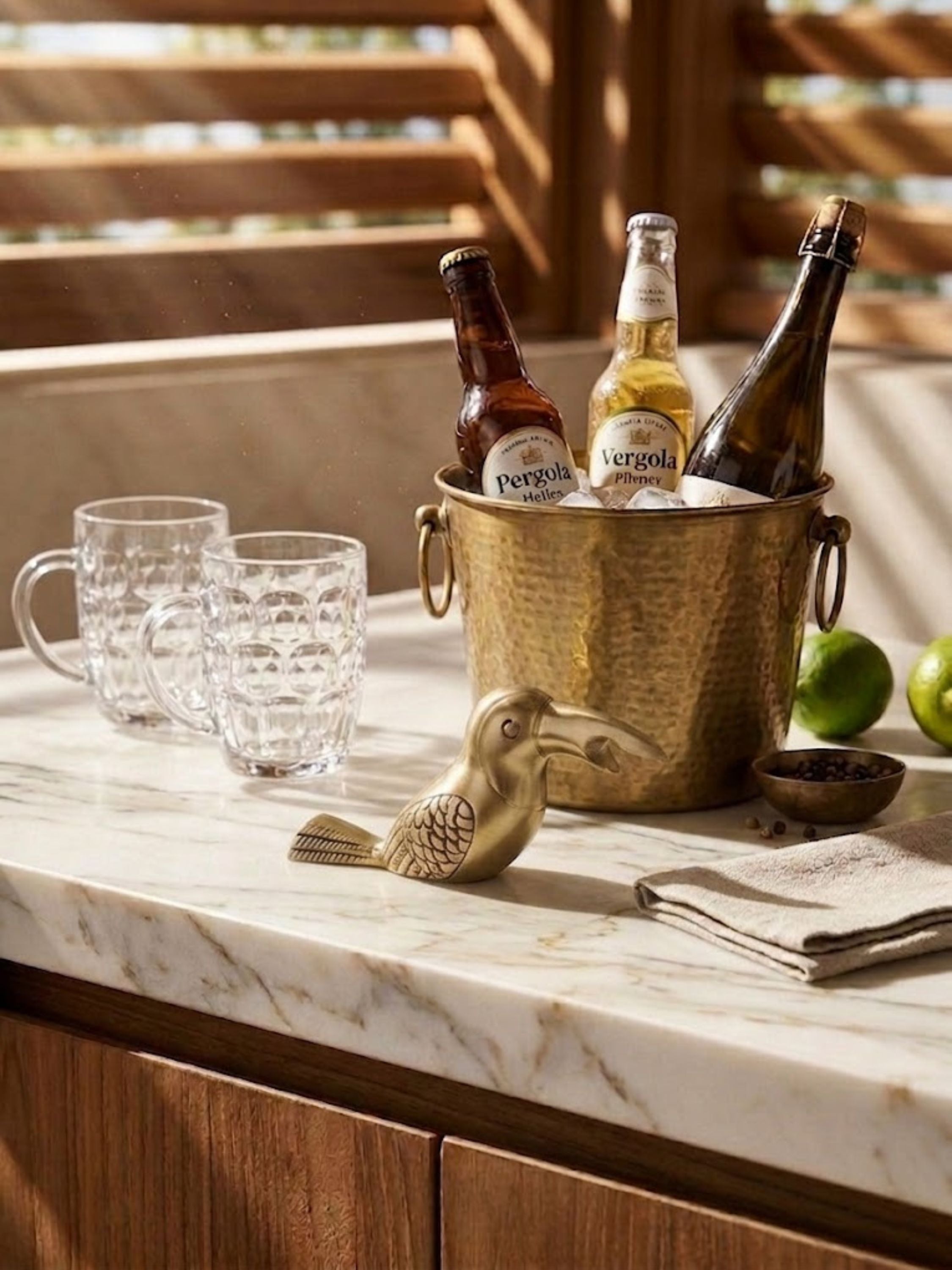 Goldie bird bottle opener styled beside a hammered brass ice bucket and crystal glassware for outdoor entertaining.