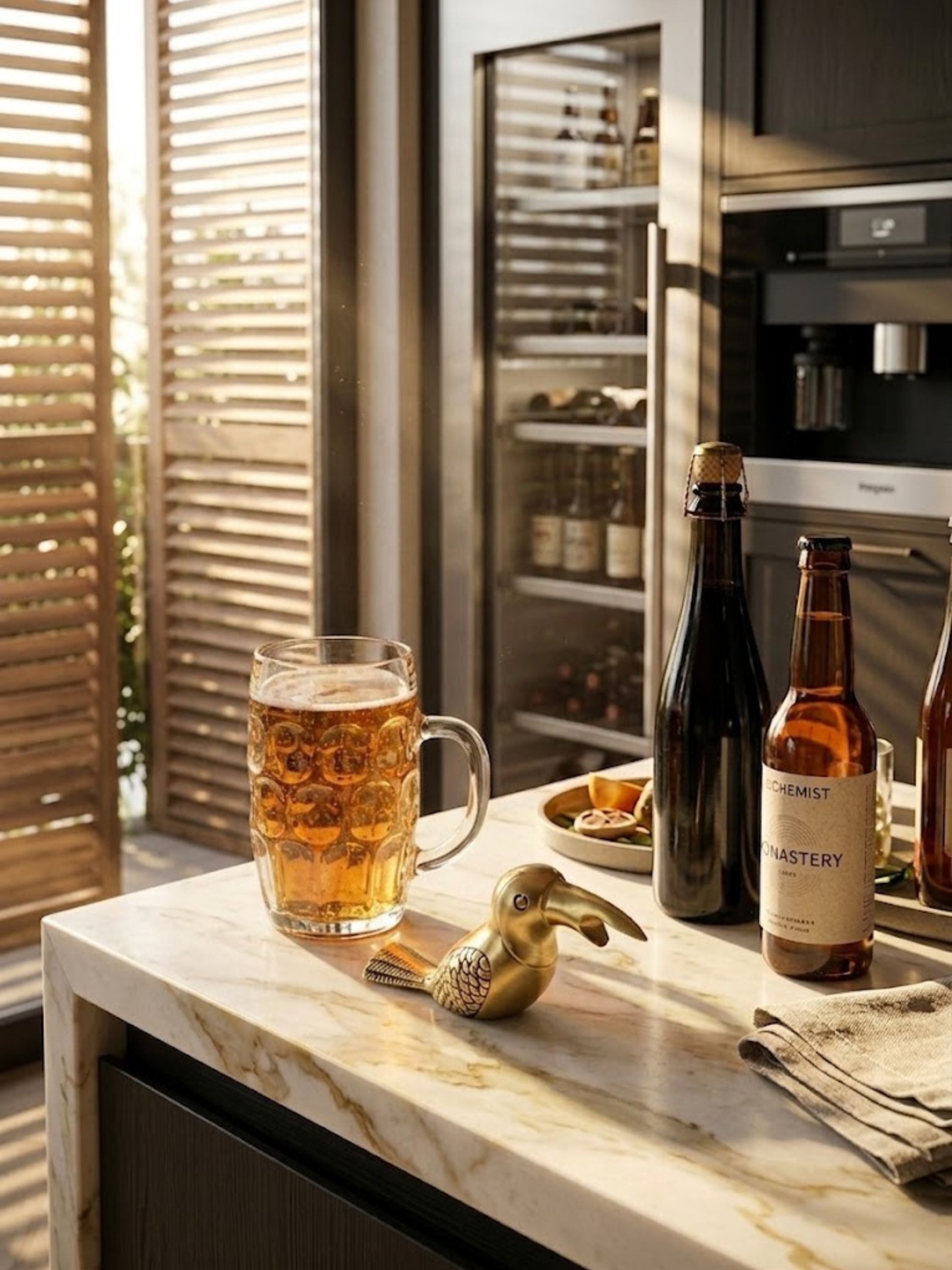 Goldie bird bottle opener paired with bottled beverages in an entertaining space, its sculptural form set on the bar.