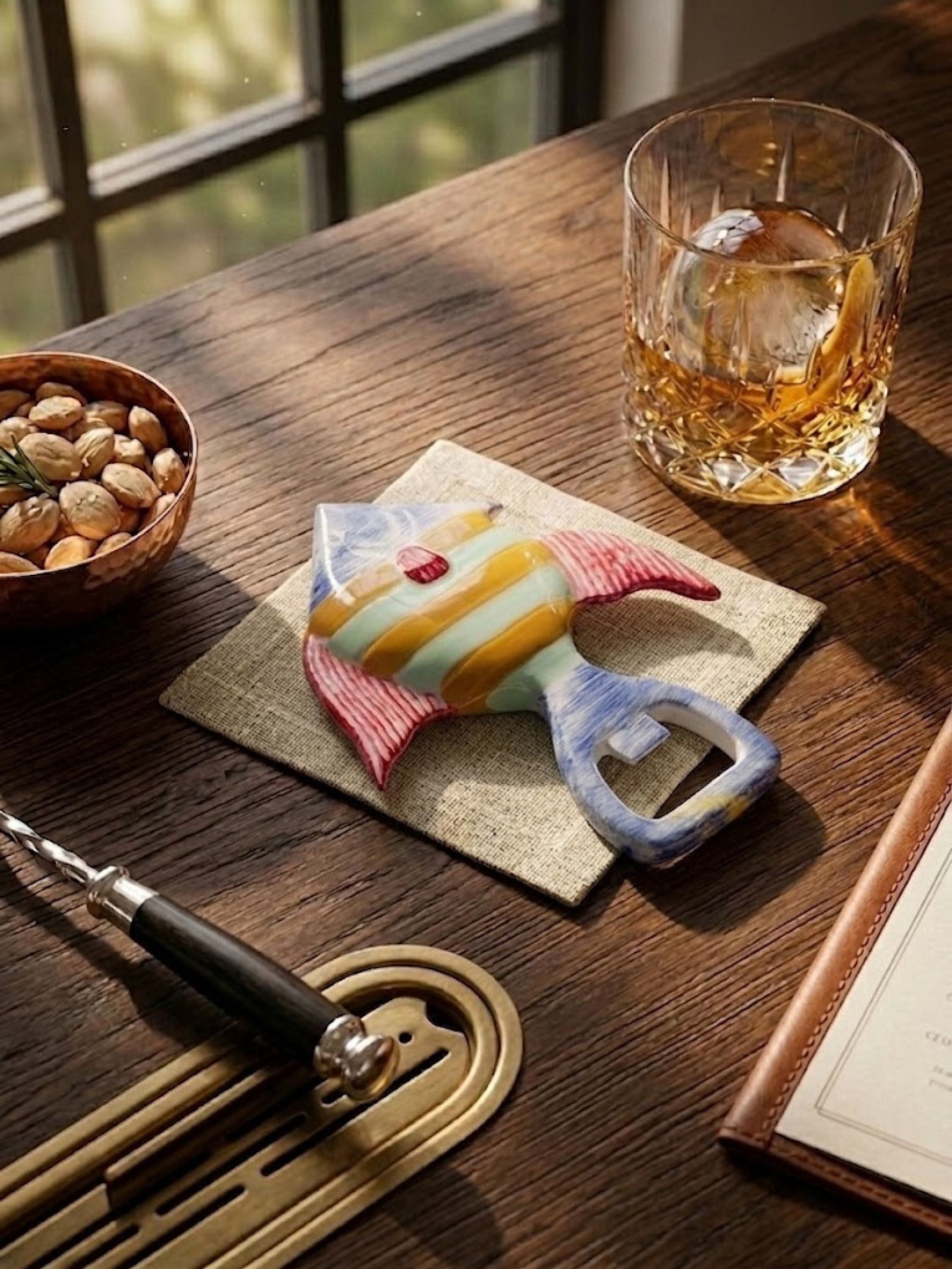 Sparky fish bottle opener displayed beside a crystal whiskey glass and bar accessories, introducing playful coastal character and artisan-crafted detail to home entertaining spaces.