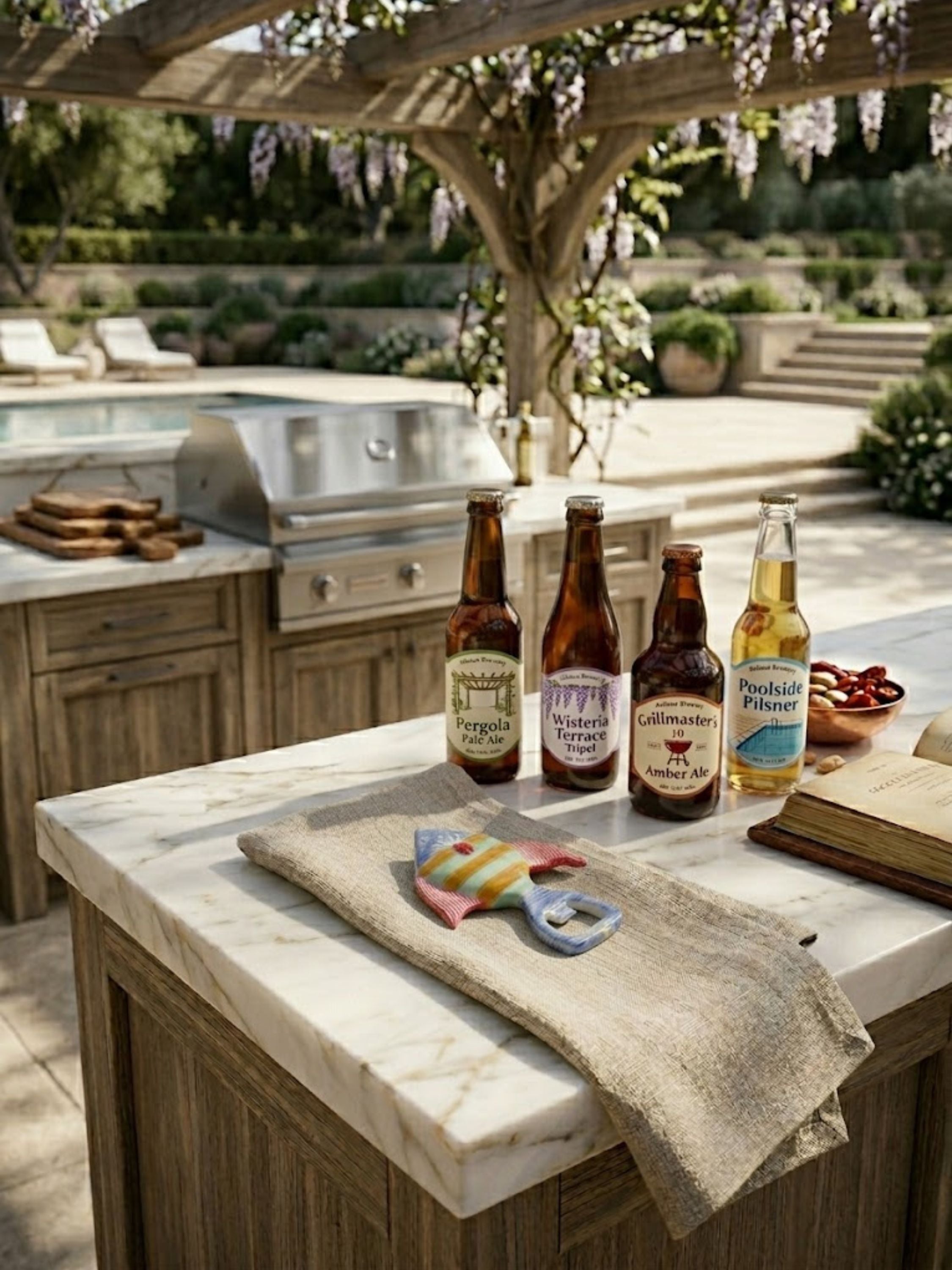 Sparky fish bottle opener styled with bottled beverages on an outdoor kitchen island, bringing whimsical design and functional charm to open-air gatherings and relaxed hosting.