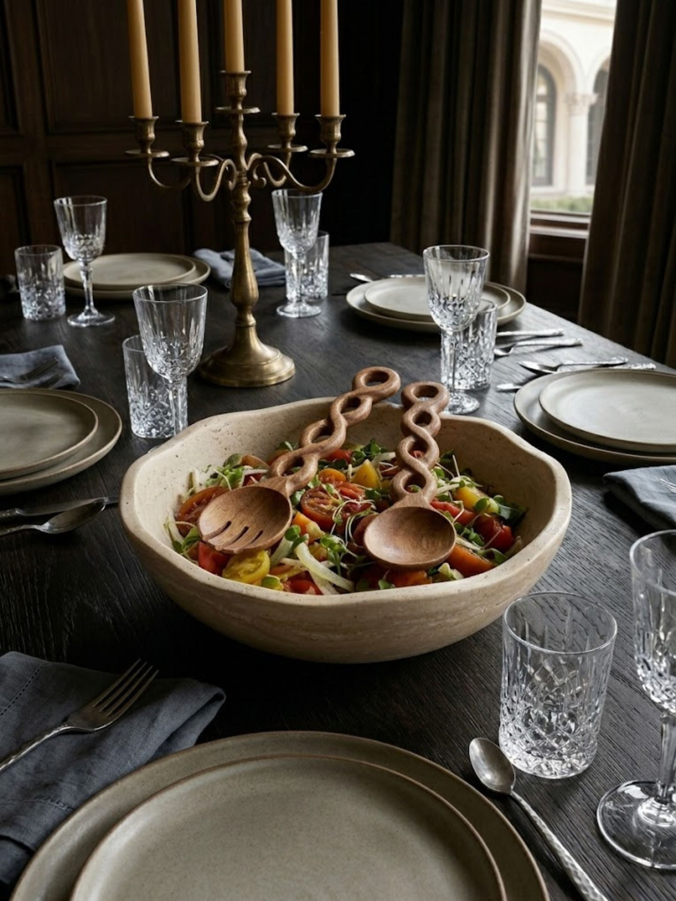 Valencia acacia salad servers presented within a formal dining setting, showcasing sculptural looped handles and warm wood grain for refined shared dining experiences.