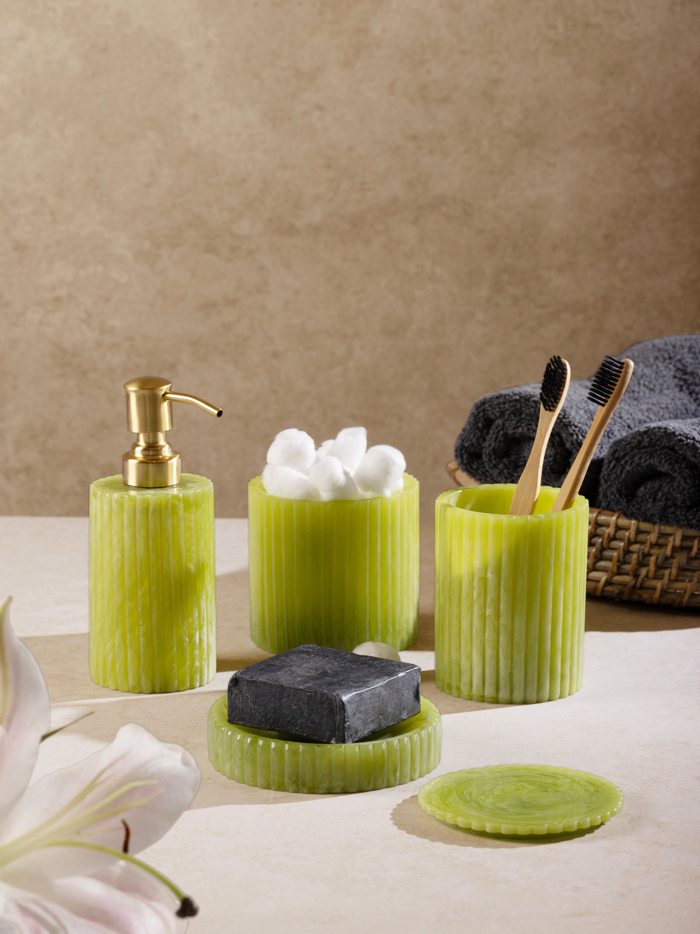Handmade resin bath essentials set in a refreshing green shade