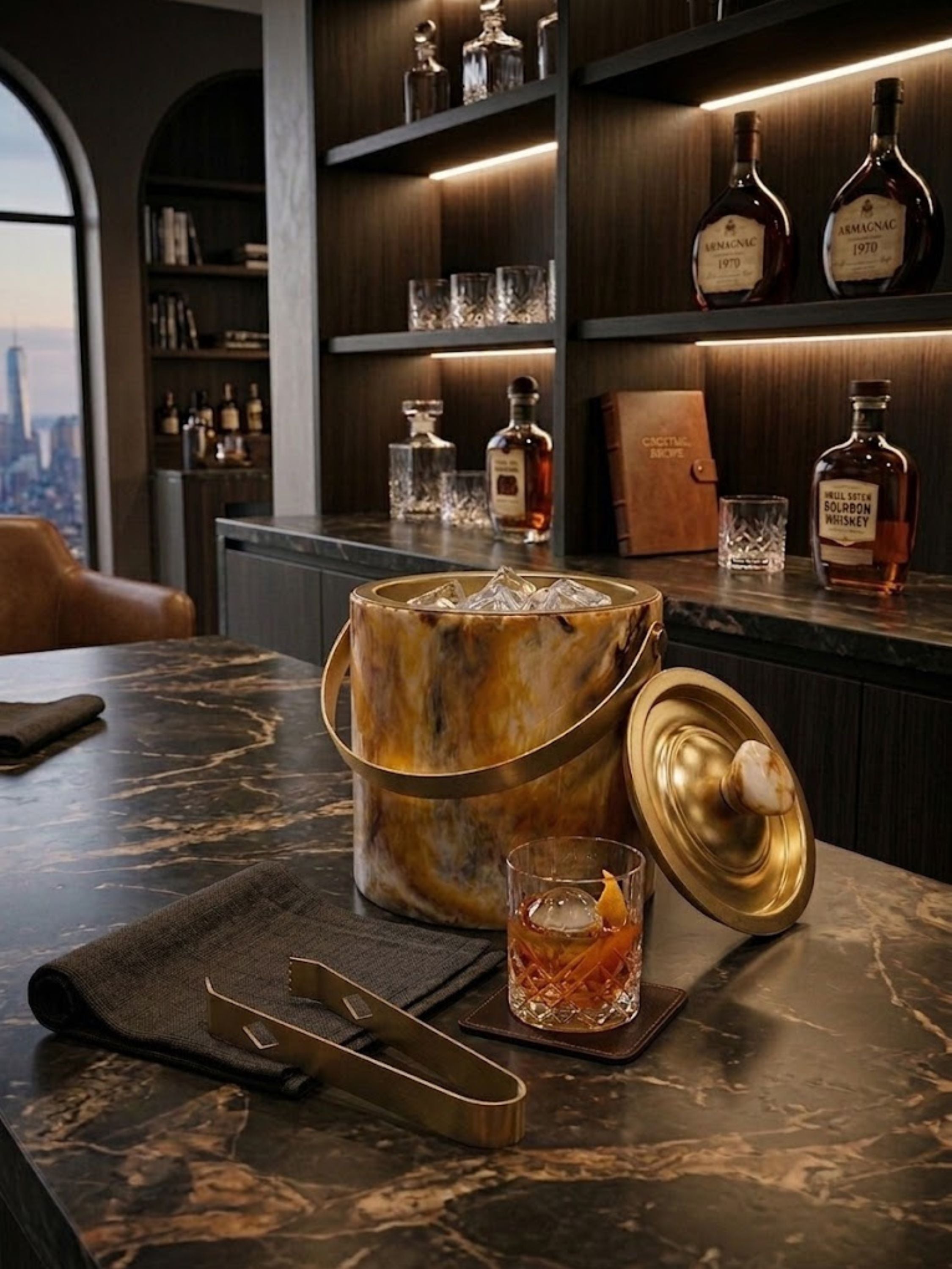 Kampai marbled resin ice bucket displayed in a refined whiskey lounge setting, showcasing sculptural resin movement and sophisticated home bar styling.