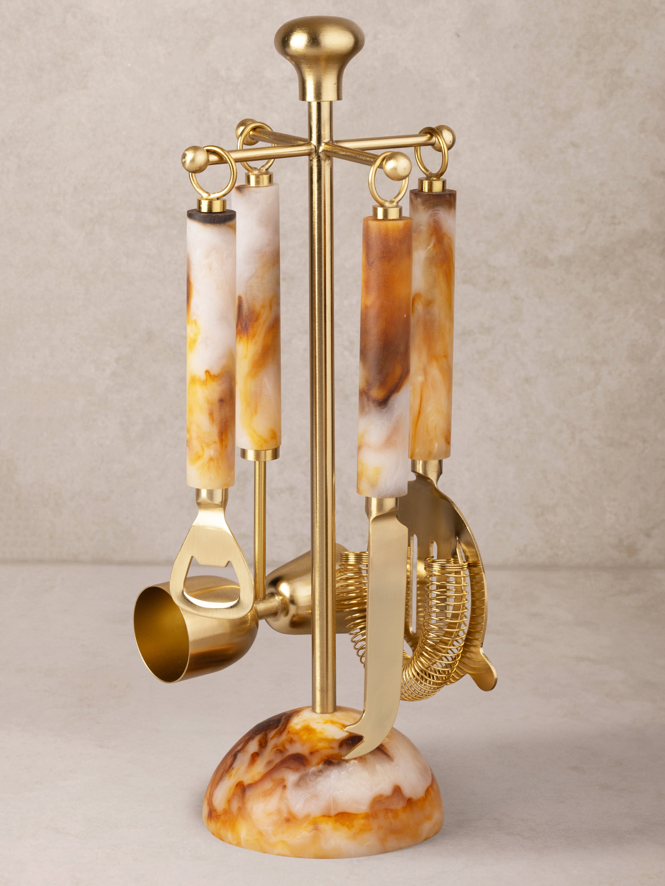 Kampai 4-piece bar tools set with matte gold finish and resin handles