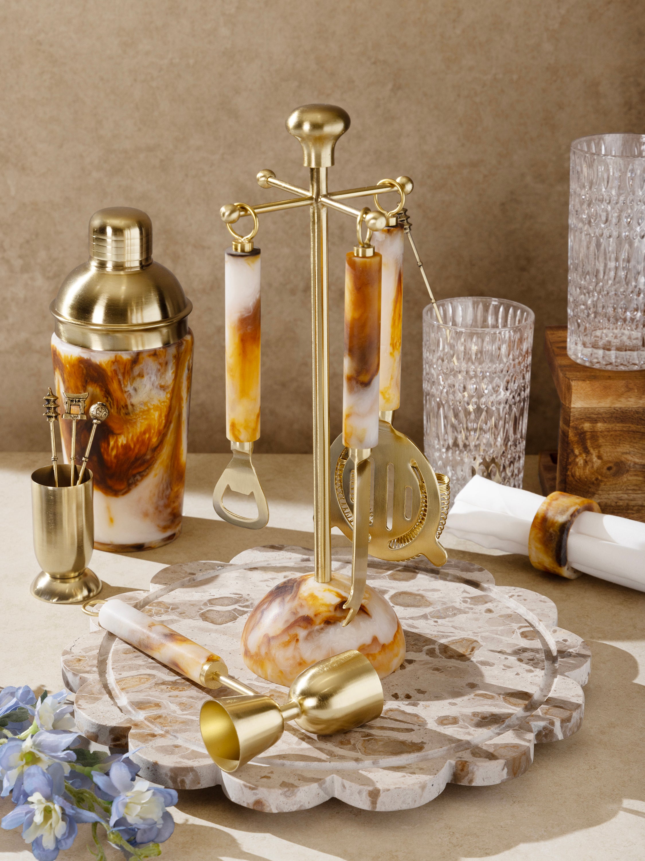 Luxury cocktail bar tools set with sculpted handles and gold finish