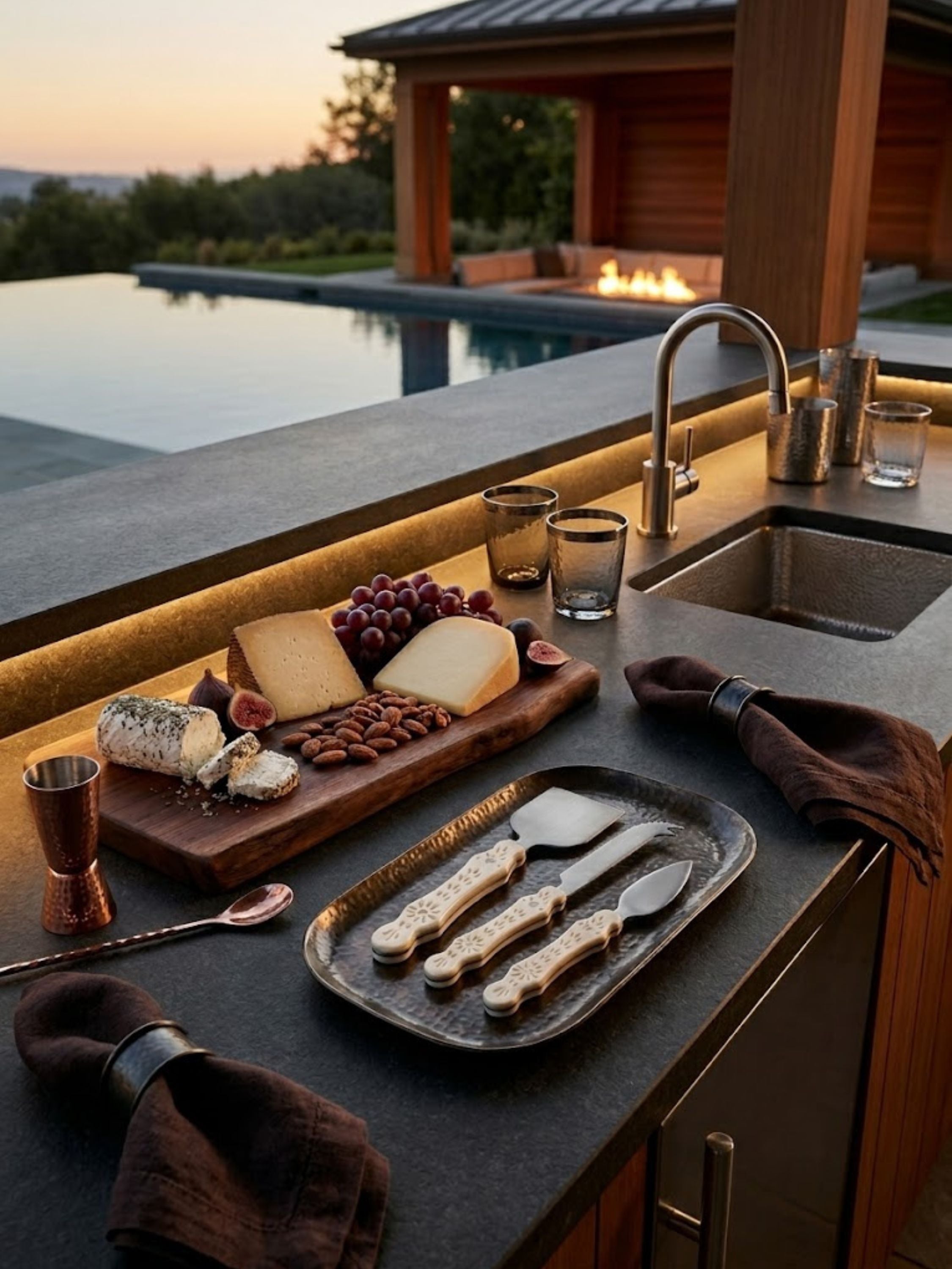 Derby carved cheese knives styled for outdoor entertaining, paired with cheeses and charcuterie for a gathering.