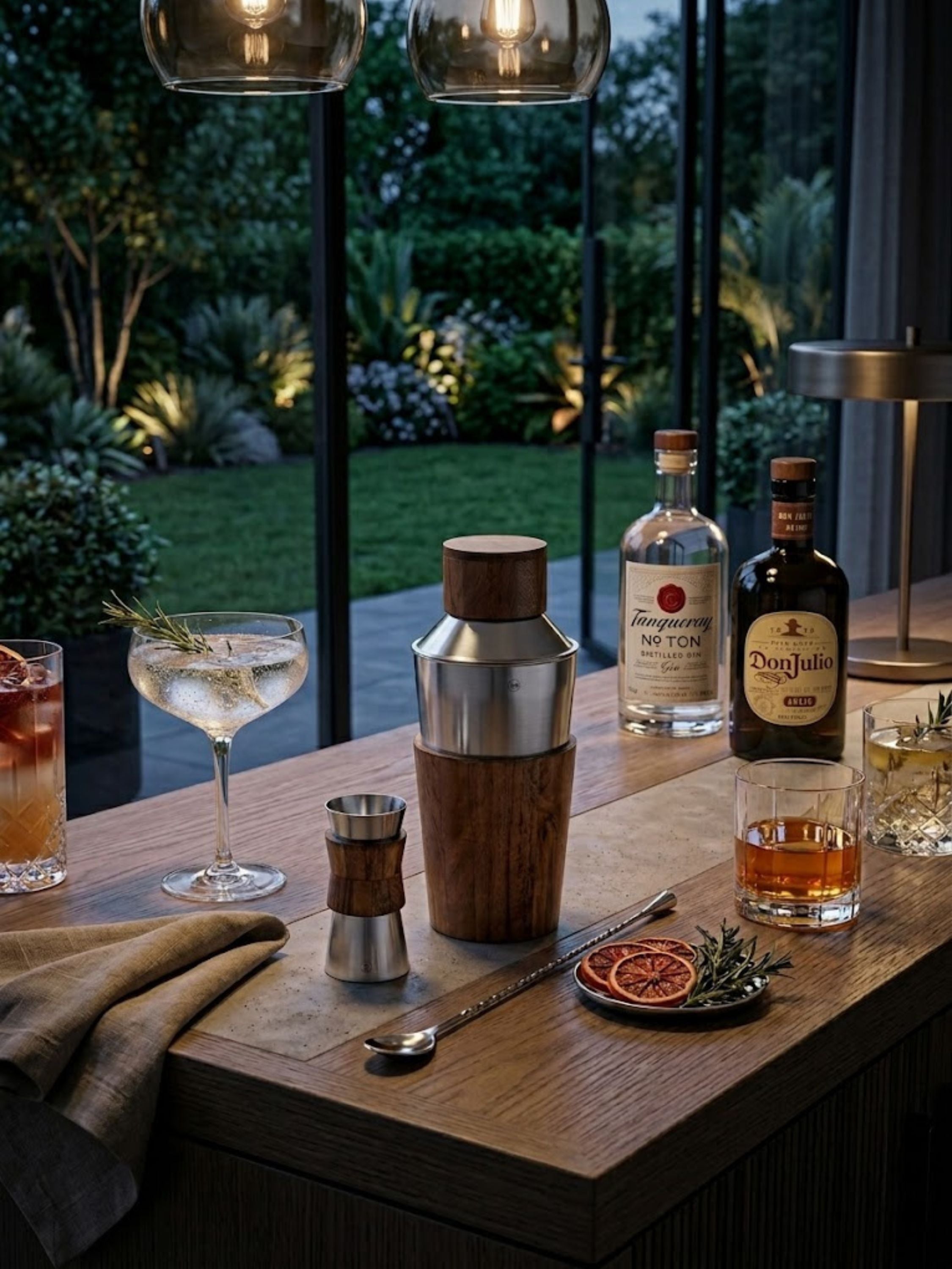 Chicago Cocktail Set styled on a contemporary home bar with premium spirits and crystal glassware, combining a wood and stainless steel shaker with matching jigger for elegant cocktail service.