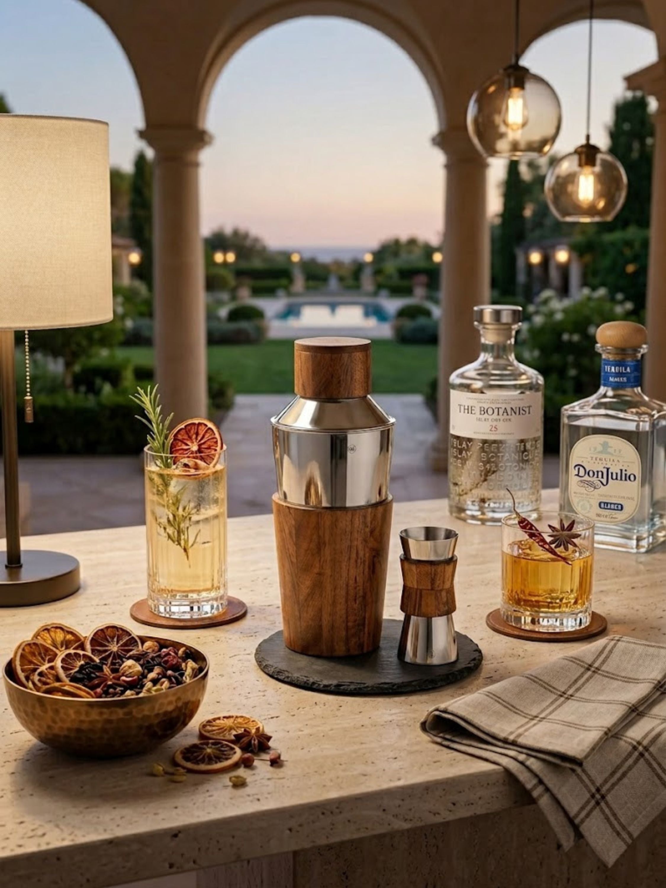 Chicago Cocktail Set displayed on an outdoor entertaining bar with artisan cocktails, featuring a wood and stainless steel shaker and matching jigger for refined alfresco gatherings.