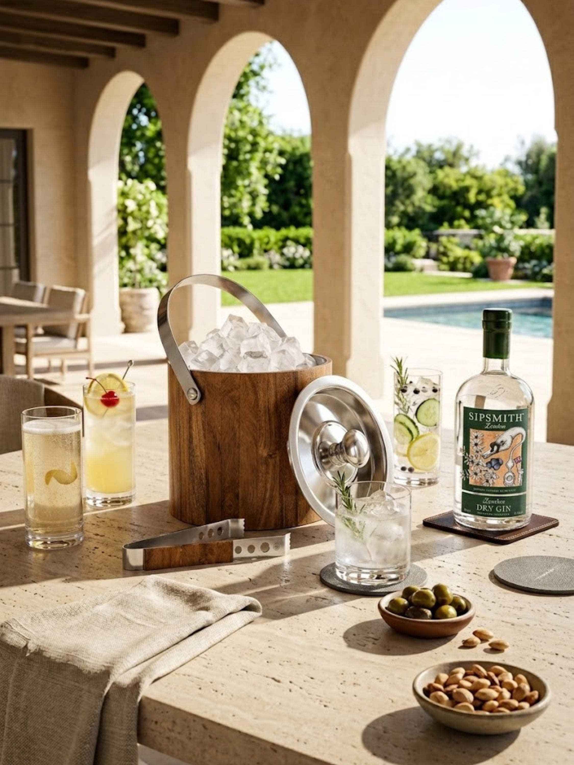 Chicago Ice Bucket arranged on a contemporary bar counter with artisan cocktails, featuring a handcrafted wooden exterior, stainless steel liner, fitted lid, and matching ice tongs.