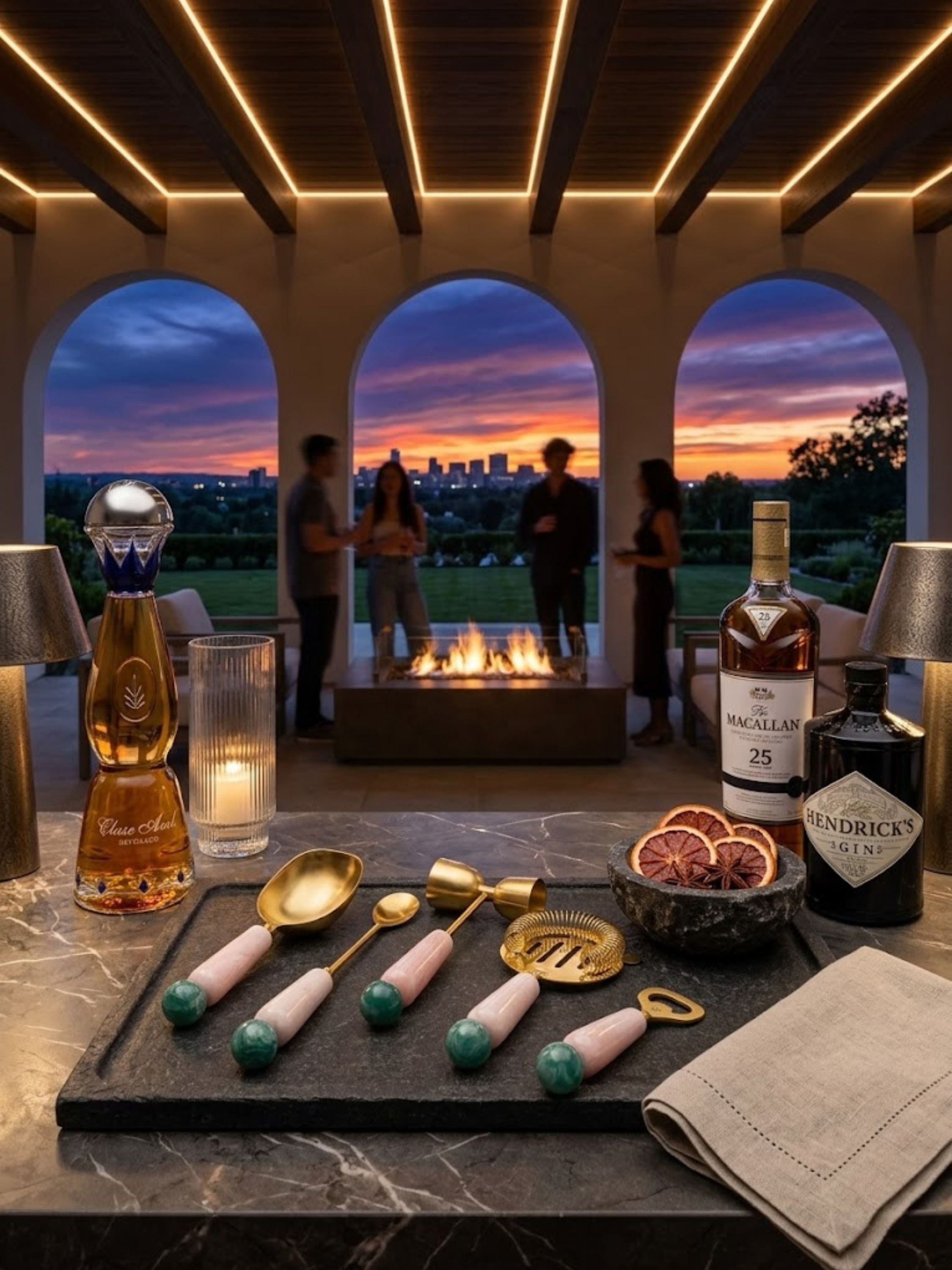 Copenhagen resin bar tools presented for outdoor cocktail hour, featuring brass-toned finishes and sculptural resin handles in a warm evening setting.