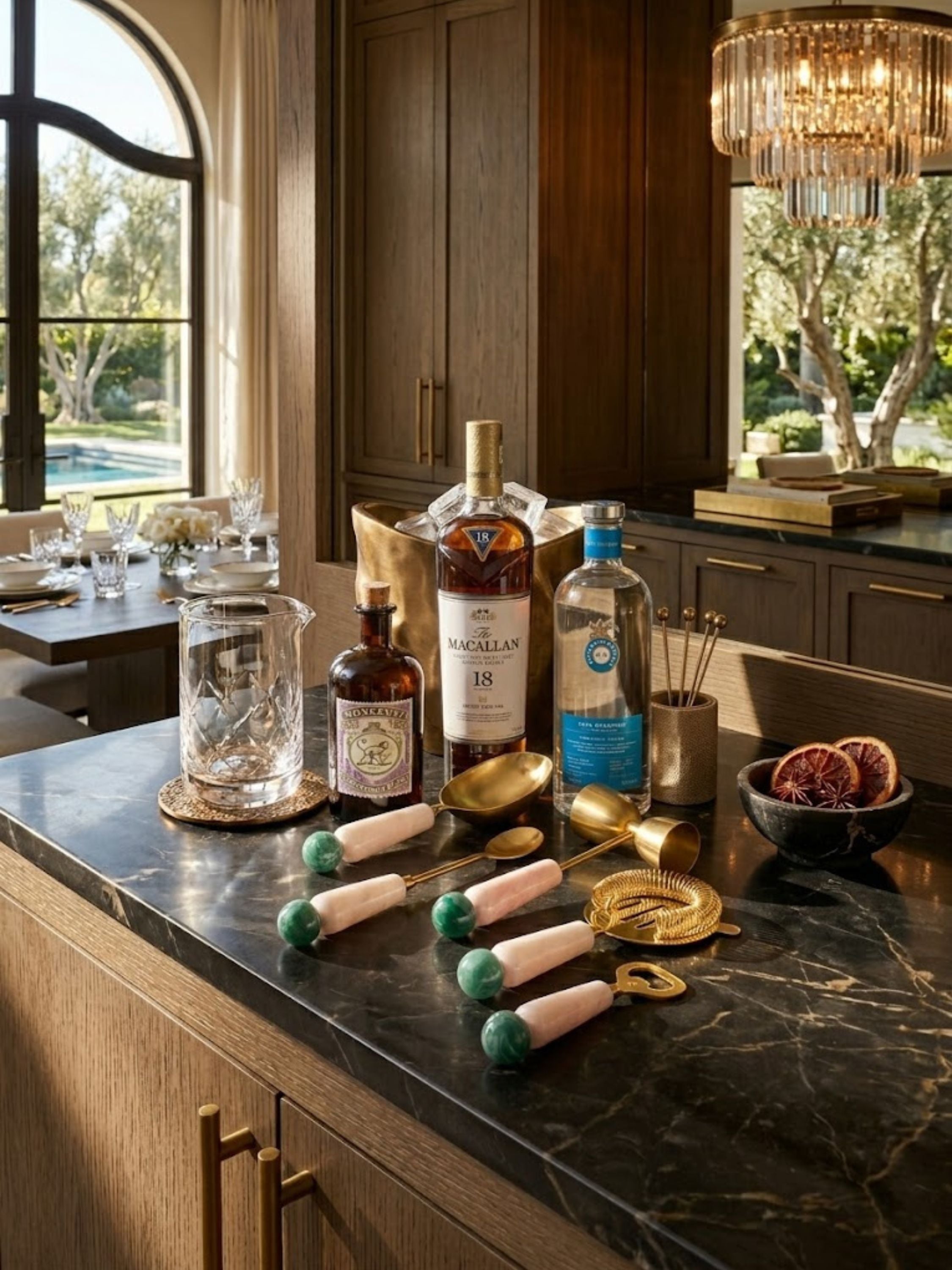 Copenhagen resin bar tools arranged within a whiskey and spirits bar cart vignette, combining refined mixology essentials with elegant entertaining style.