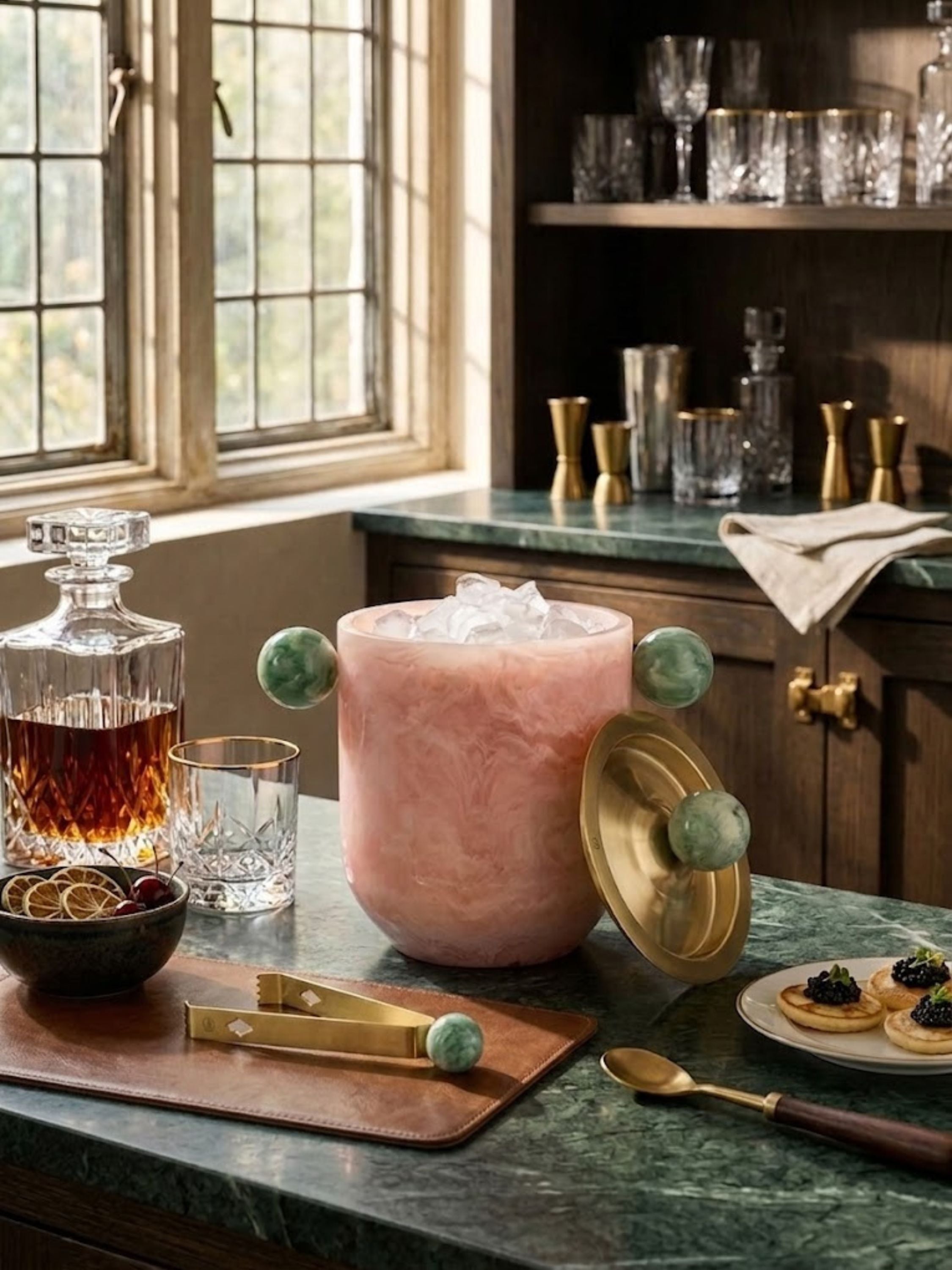 Copenhagen resin ice bucket styled on a home bar countertop with crystal glassware and brass accents, bringing refined entertaining elegance to cocktail service.