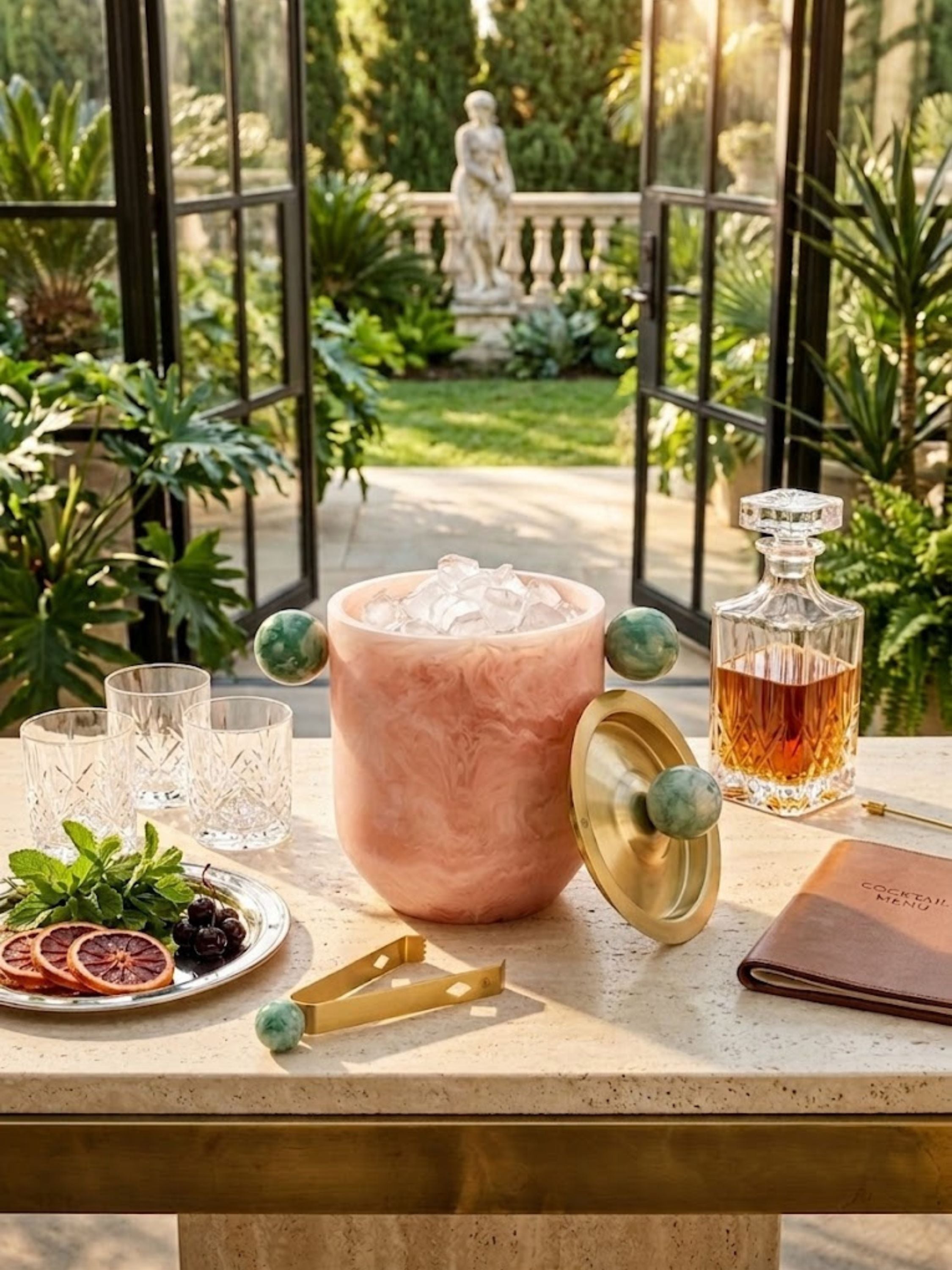 Copenhagen resin ice bucket filled with ice and displayed beside premium spirits in a garden-inspired entertaining setting, blending sculptural form with barware function.