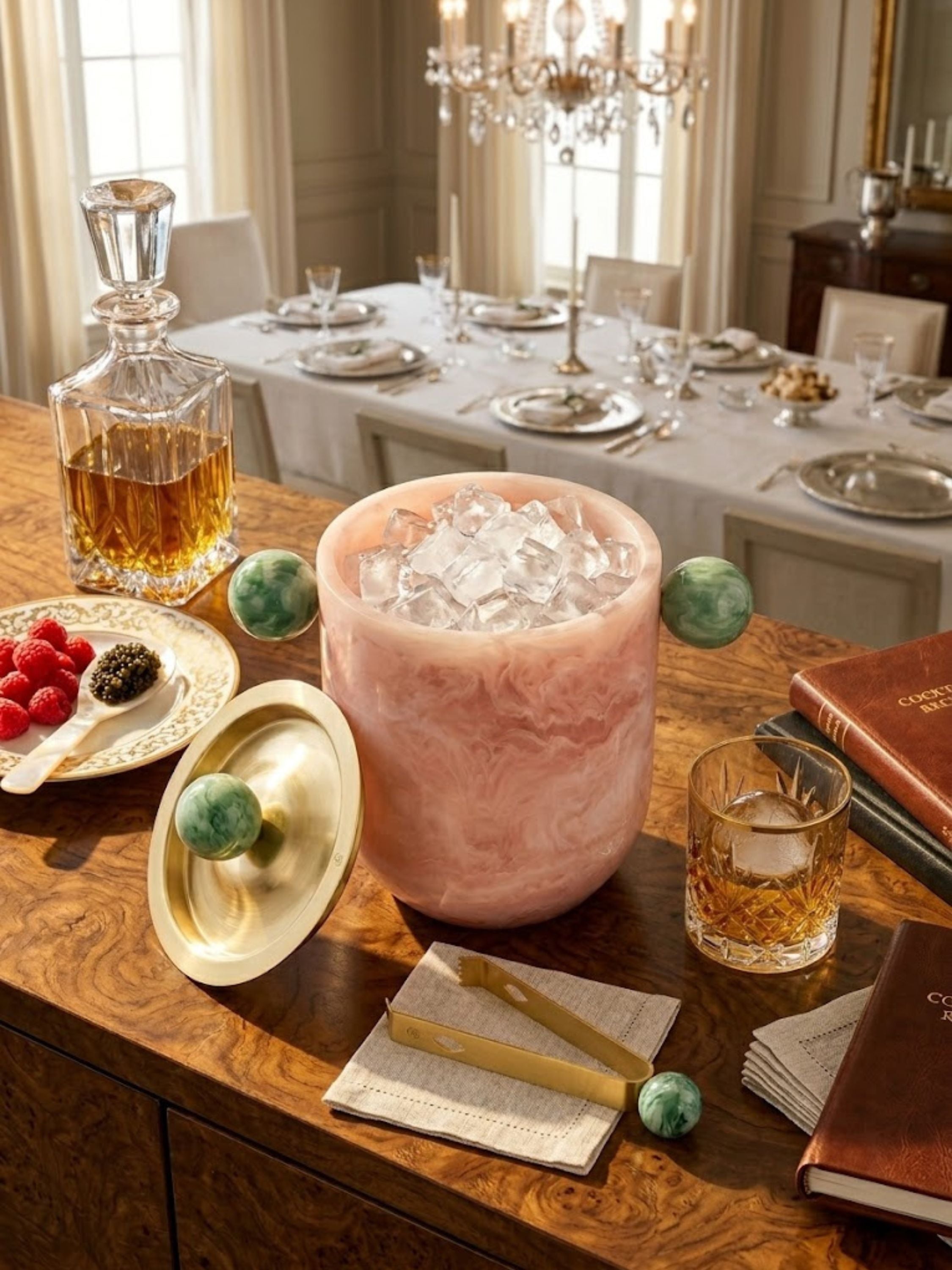 Copenhagen resin ice bucket showcased within a formal dining room setting, pairing marble-inspired resin with polished brass details for sophisticated bar service.