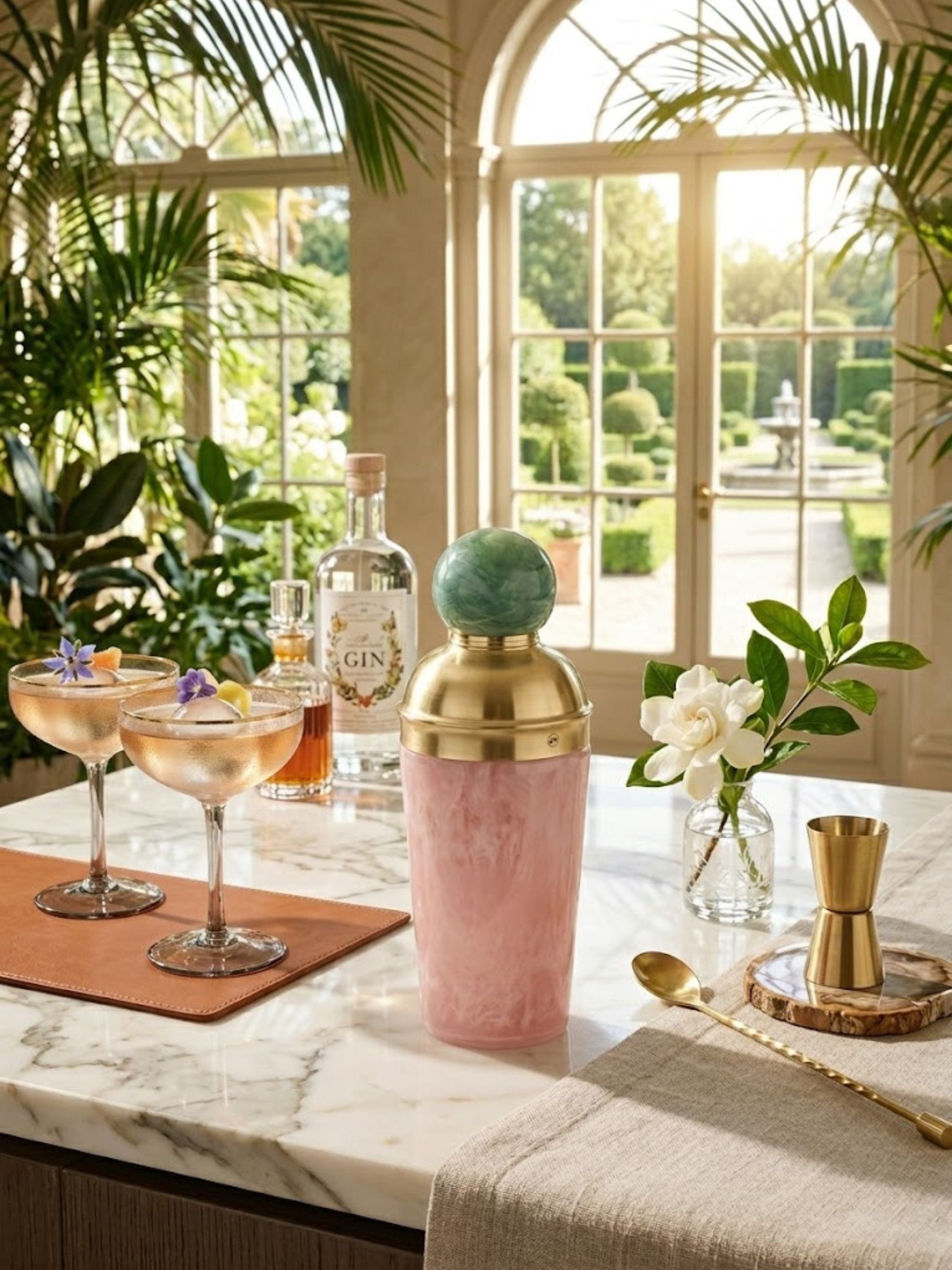 Copenhagen marbled resin cocktail shaker styled in a refined home bar setting, pairing blush-toned resin and brass accents for elevated cocktail entertaining.