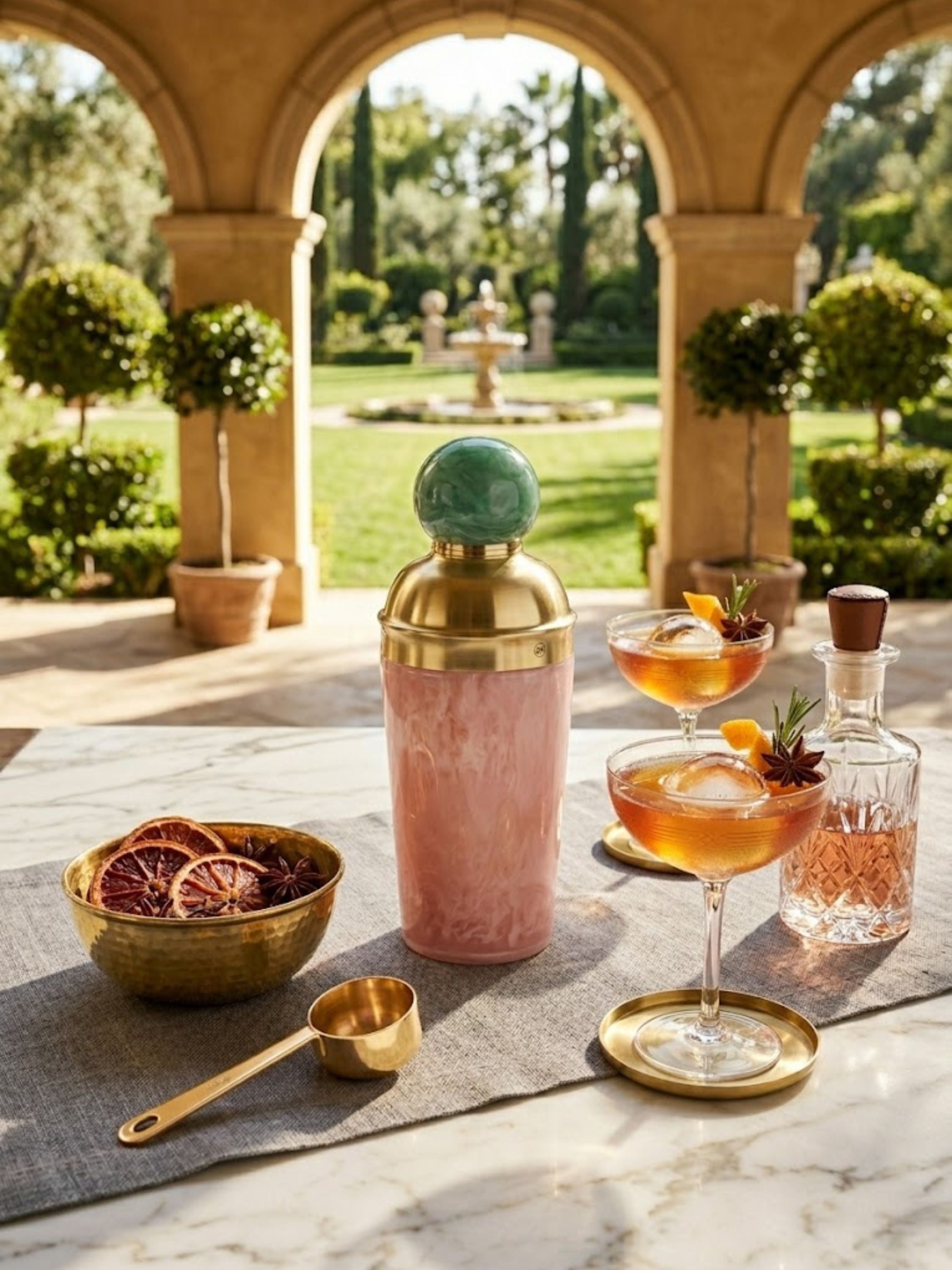 Copenhagen marbled resin cocktail shaker displayed during an outdoor cocktail hour, bringing sculptural elegance to terrace entertaining and artisanal drink service.