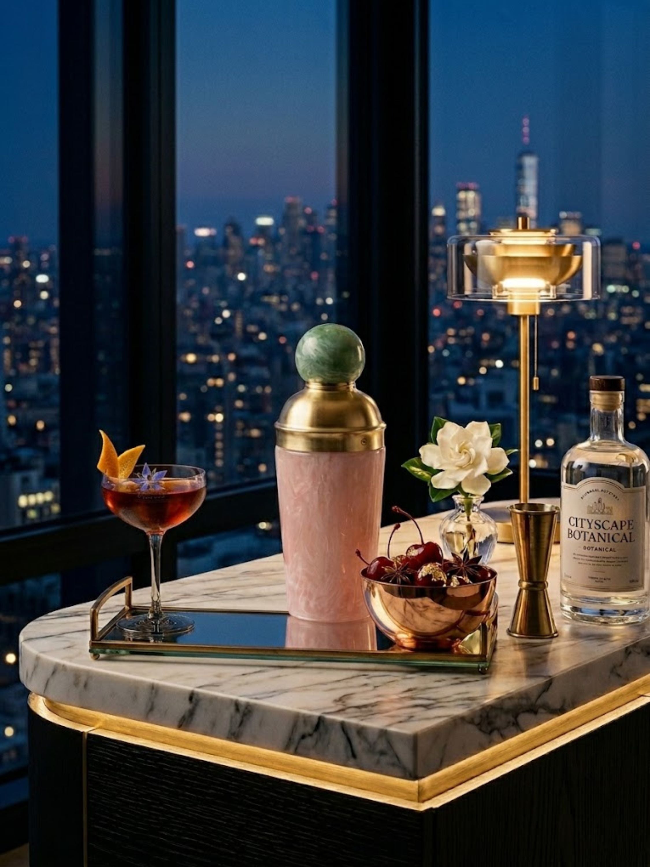 Copenhagen marbled resin cocktail shaker displayed in a modern penthouse setting, pairing blush marbled resin and brass finishes with contemporary barware styling.