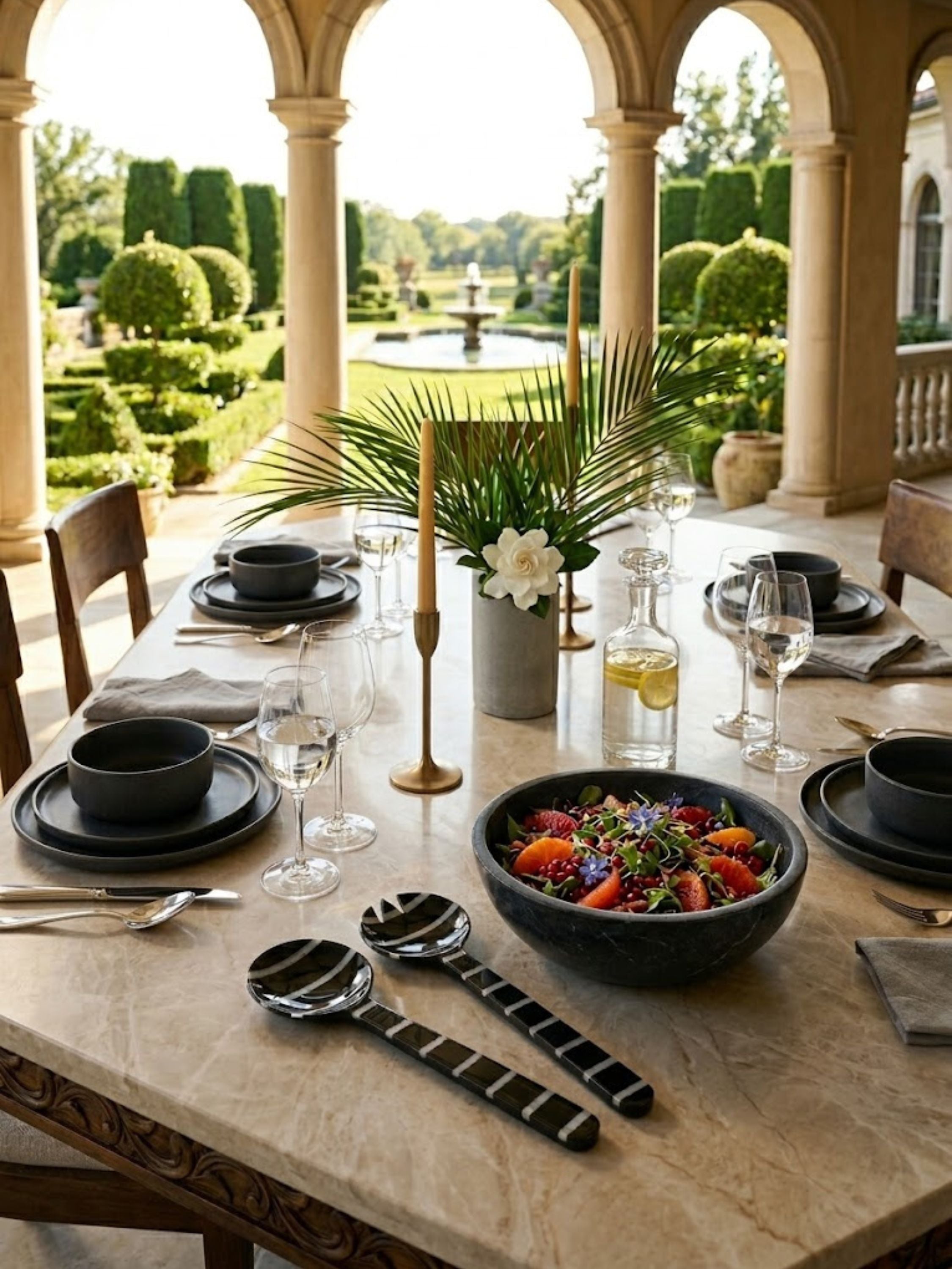 Cox resin salad servers arranged within an elegant al fresco tablescape, pairing bold striped detailing with relaxed outdoor dining and garden views.