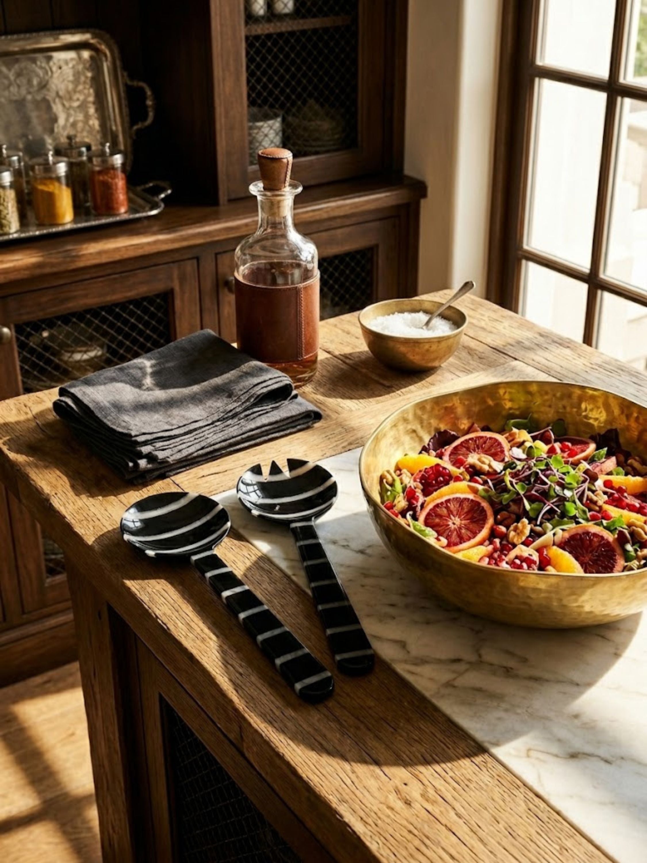 Cox resin salad servers styled in a warm kitchen entertaining setting with artisanal serveware and fresh ingredients, blending functionality with decorative presence.