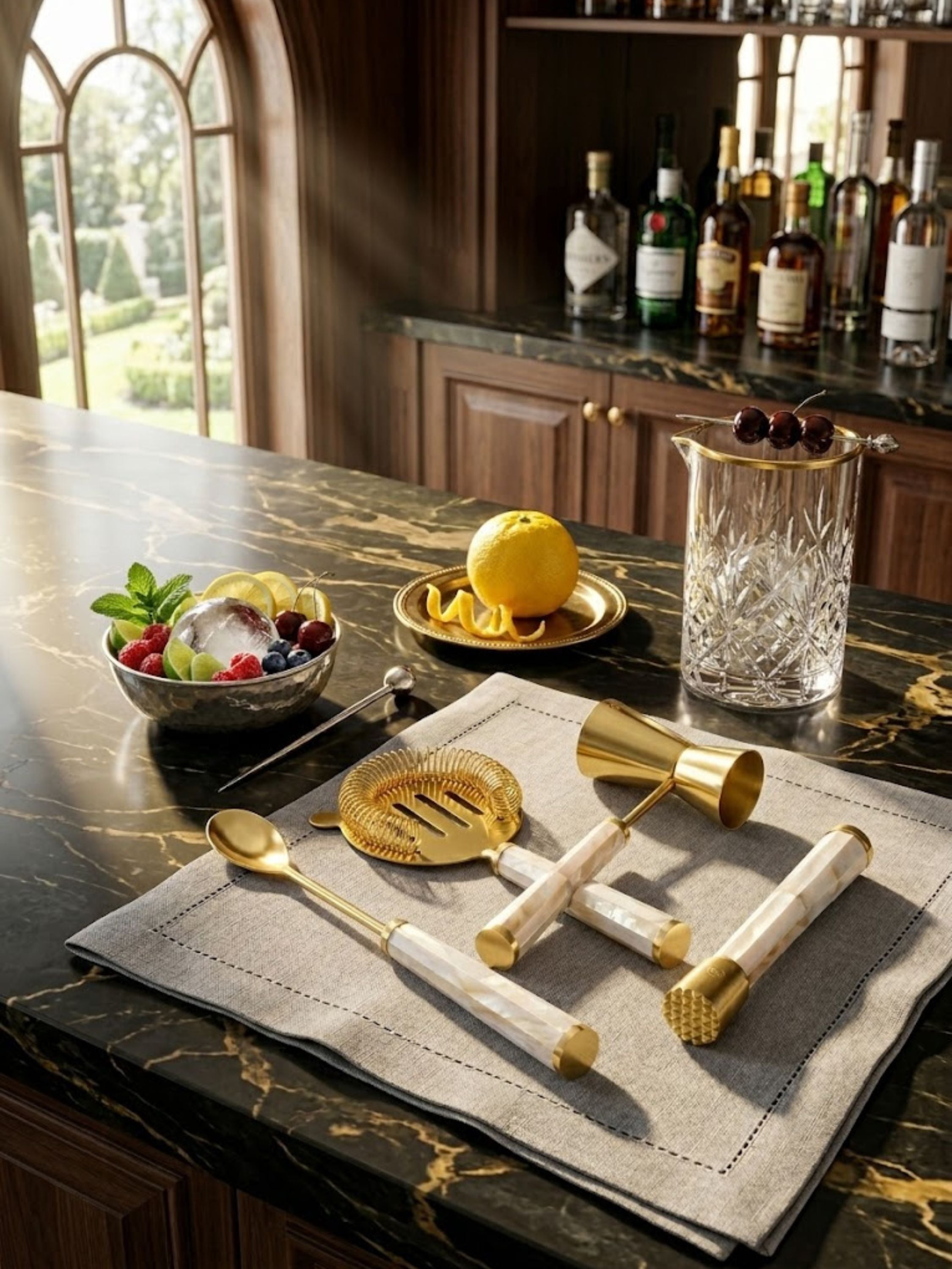 Darzi mother of pearl bar tools styled on a richly veined marble countertop, creating a refined home bar setting with artisanal materials and timeless character.