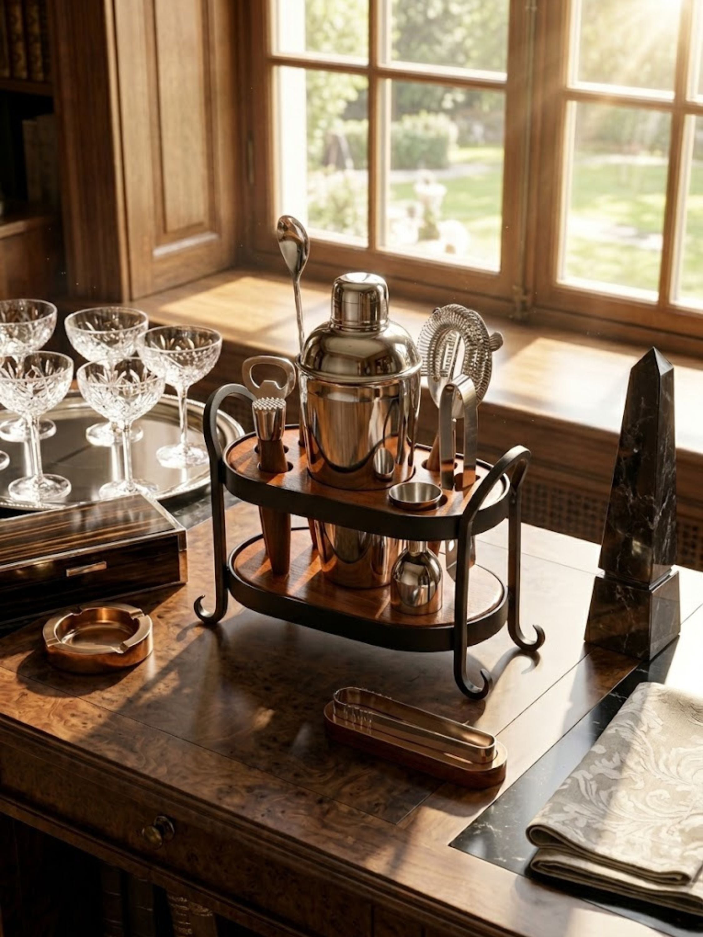 Charley bar tools set styled within a sophisticated library bar setting, bringing refined cocktail preparation tools to a richly layered interior.