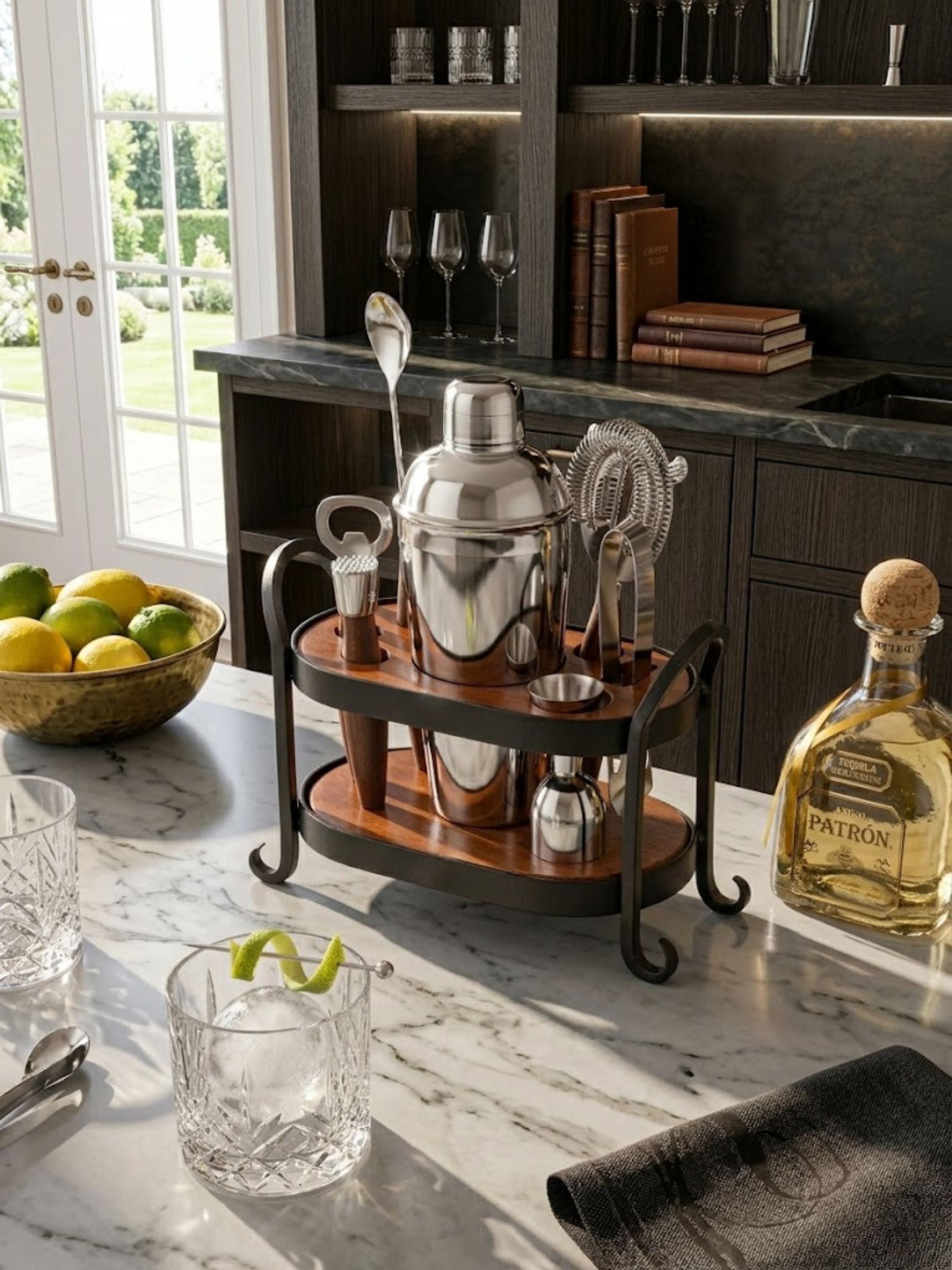 Charley bar tools set showcased on a marble countertop beside premium spirits and crystal glassware, creating a polished and inviting entertaining space.