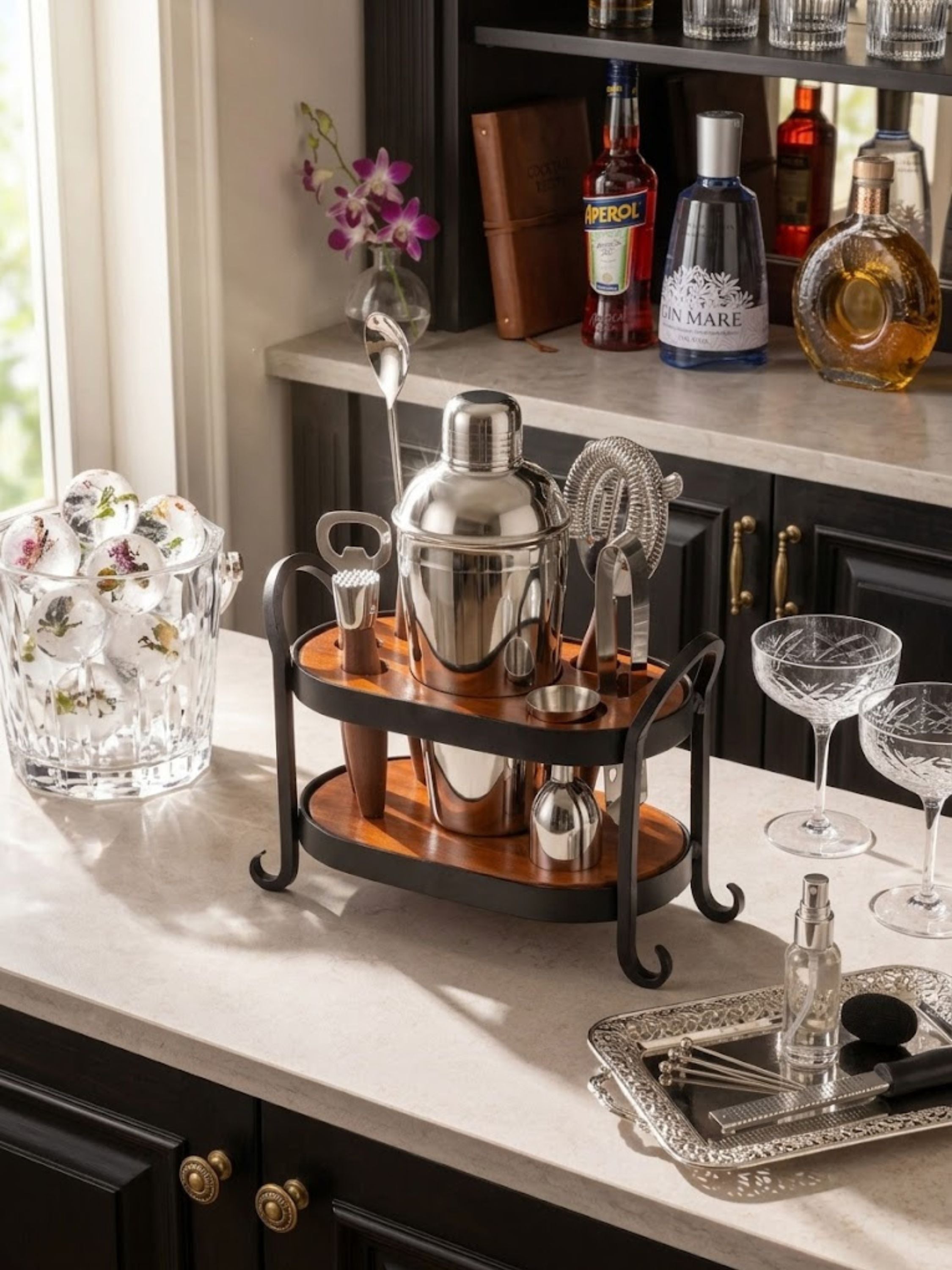 Charley bar tools set presented in a luxury cocktail preparation vignette, blending timeless bar essentials with elegant materials and thoughtful styling.