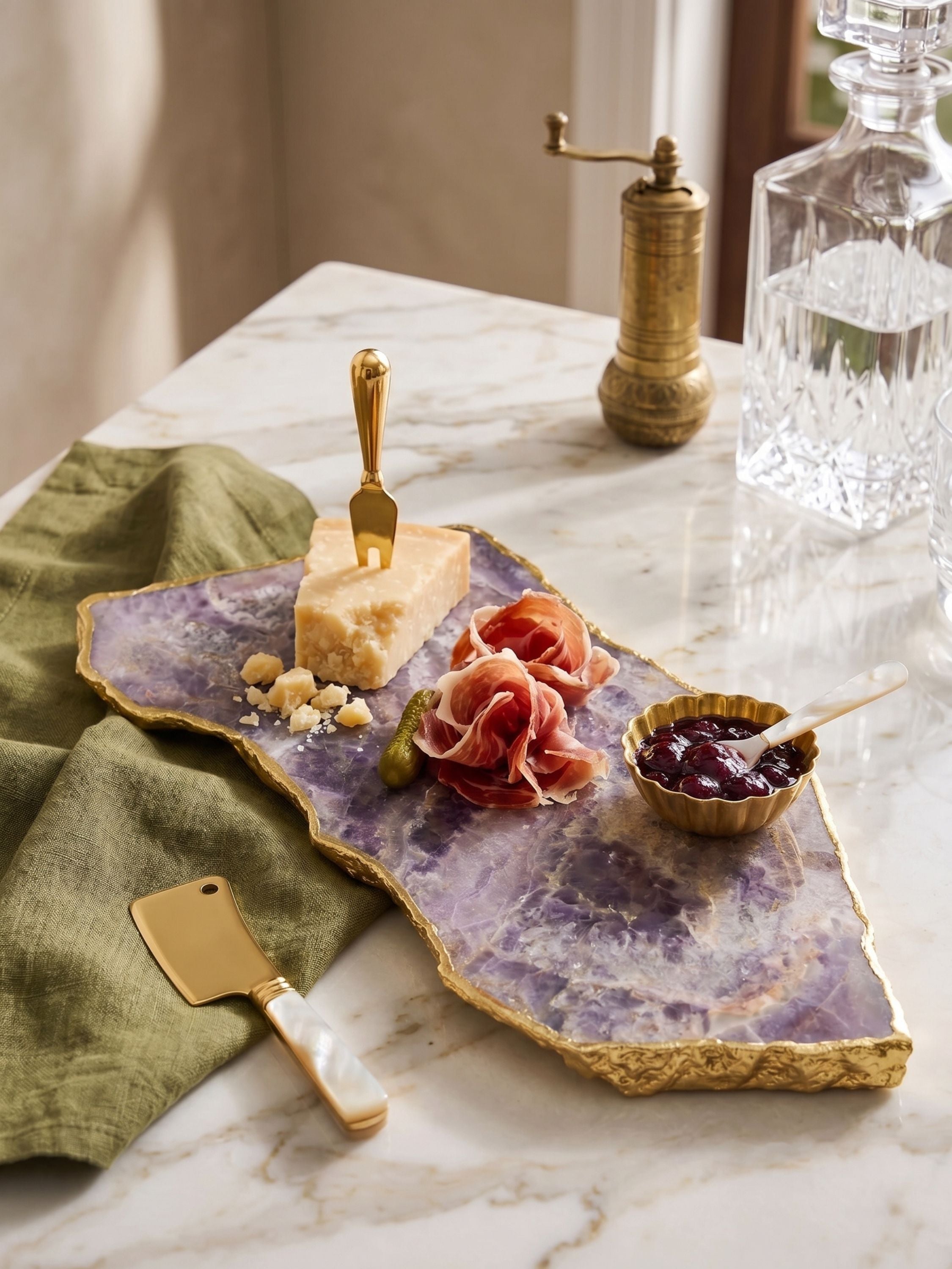 Amethyst cheese board with gold edge styled with cheese and accompaniments on a marble countertop in an elevated serving setting