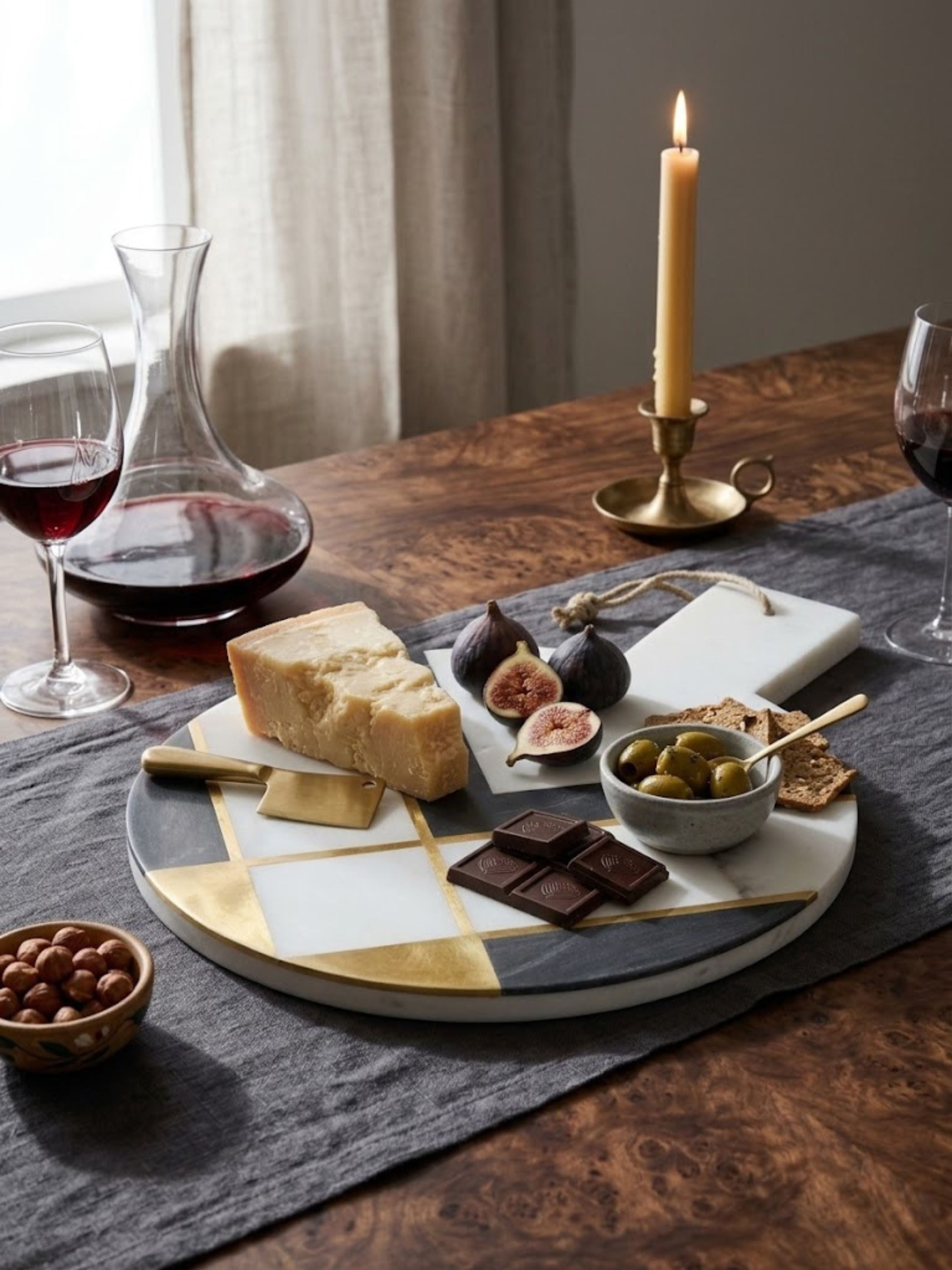 Marble cheese board with gold inlay styled with cheese, figs, olives, and wine on a candlelit dining table in an intimate serving setting