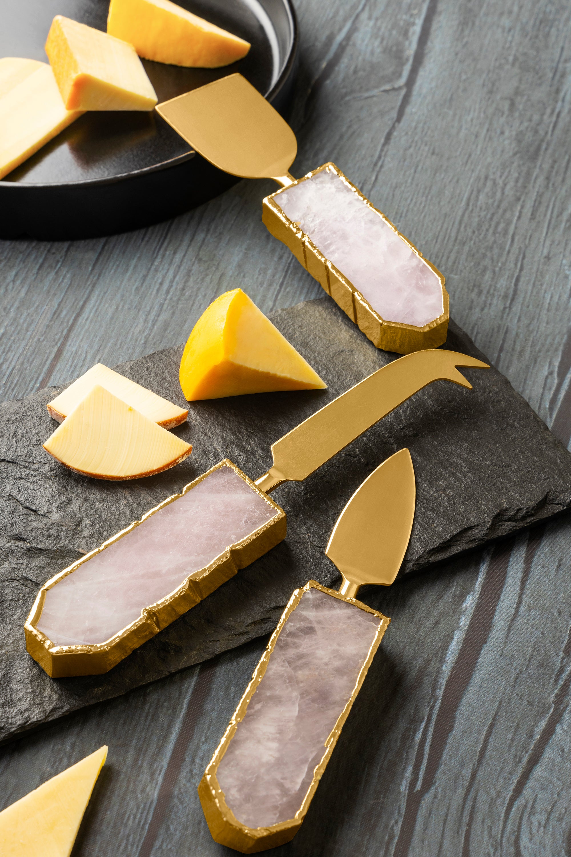 Polished stone-handle cheese knives set of three with gold-tone blades — handcrafted design accessory
