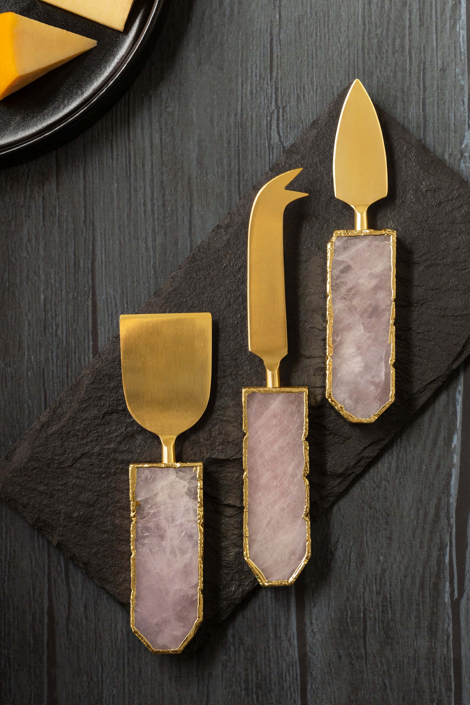 Semi-precious stone handle cheese knife set (3-piece) with refined gold blades — sophisticated artisan accent