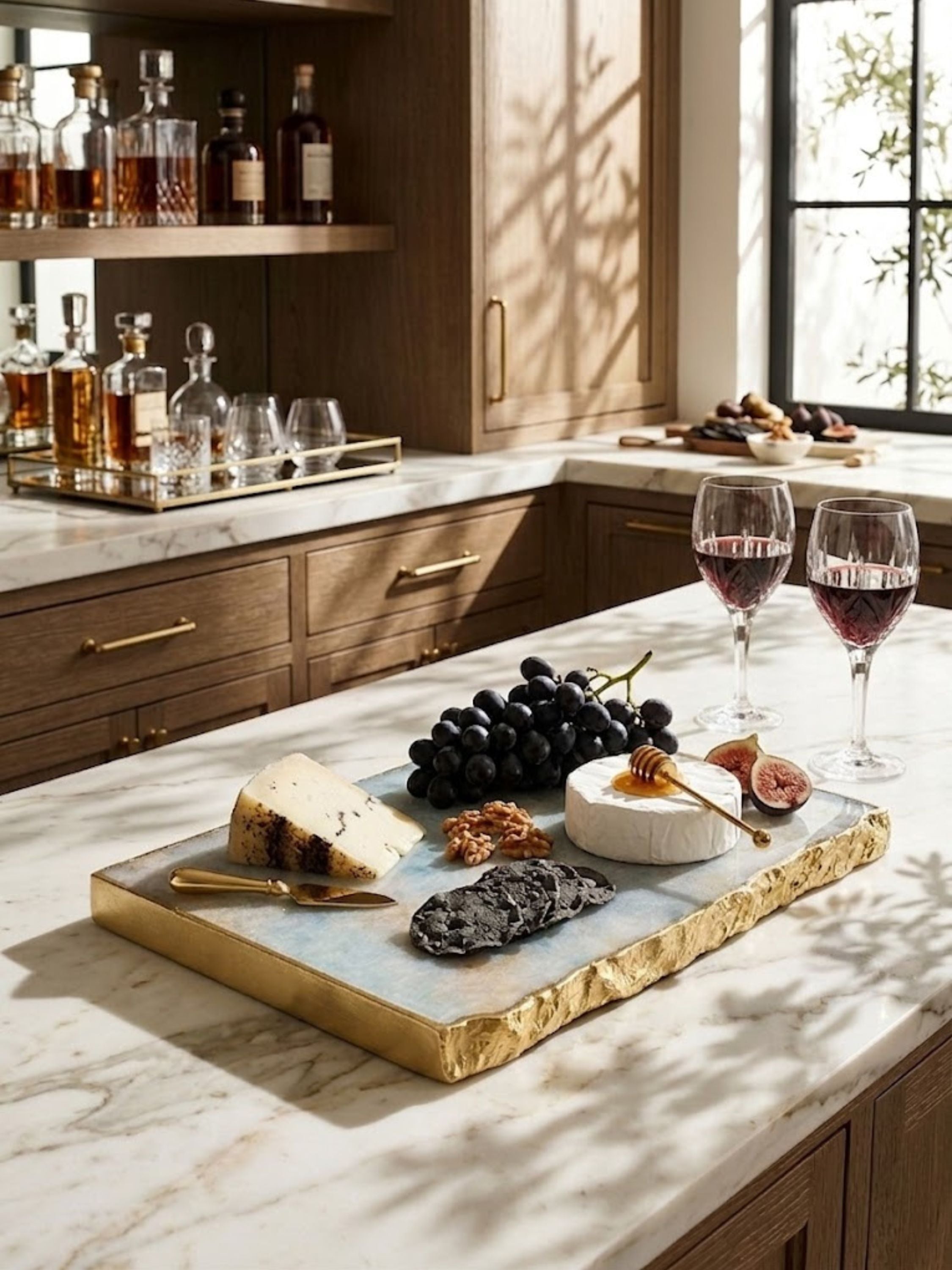 Aventurine stone cheese board with a polished, smooth surface, styled on a kitchen counter.